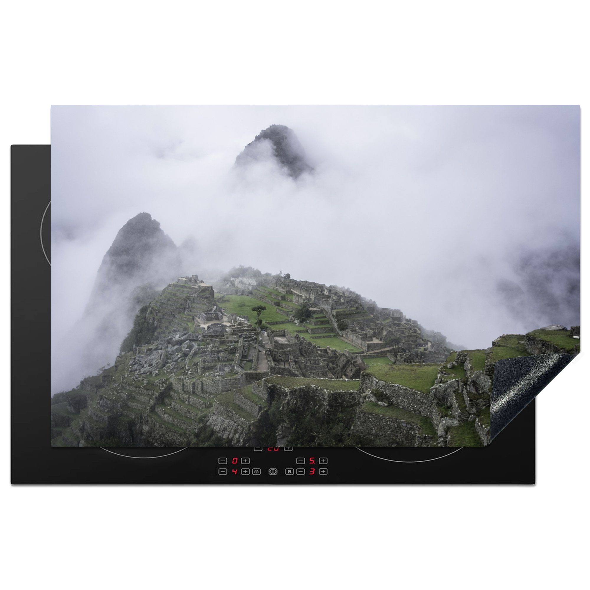 MuchoWow Herdblende-/Abdeckplatte Peru - Nebel - Machu Picchu, Vinyl, (1 tlg), 81x52 cm, Induktionskochfeld Schutz für die küche, Ceranfeldabdeckung