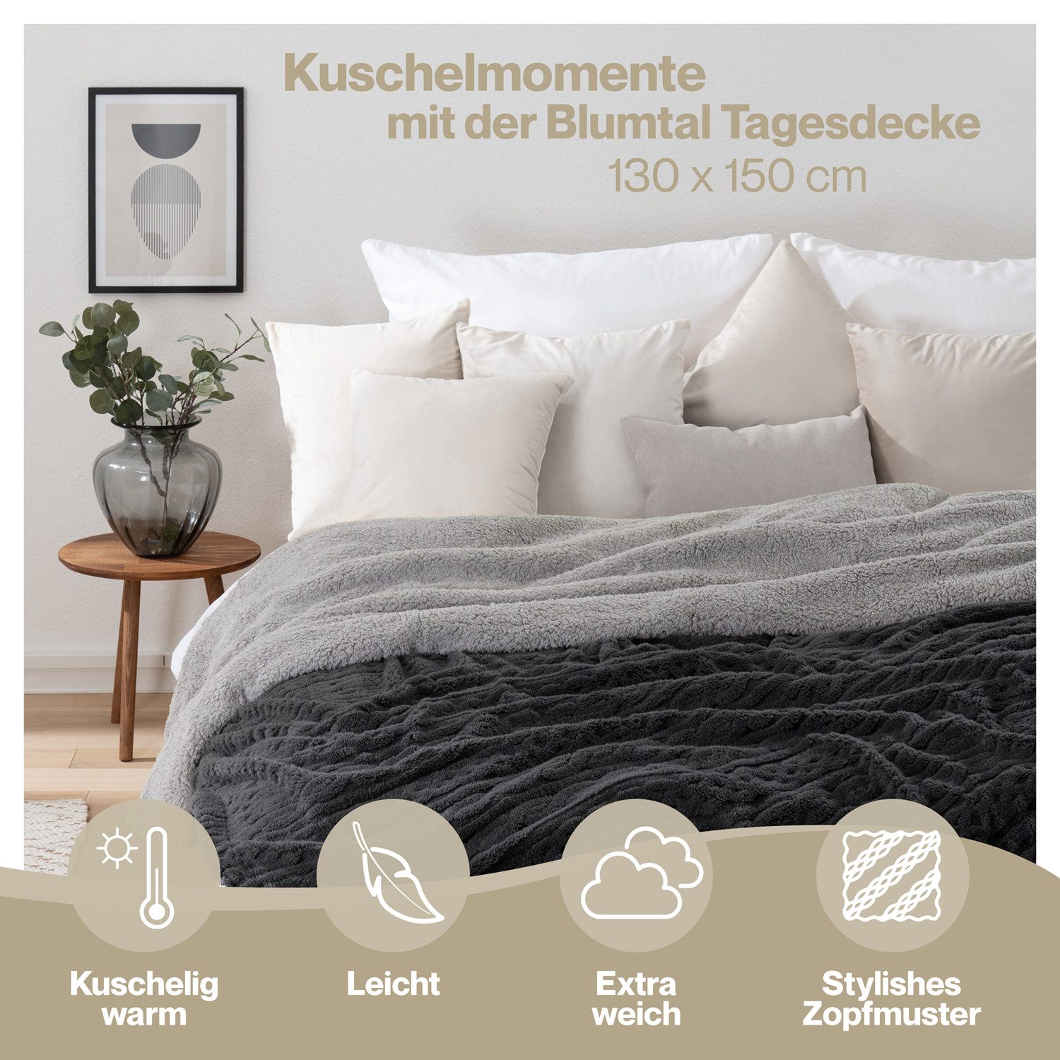 Wohndecke Oeko-TEX zertifizierte waschbare Wohn- & Kuscheldecke, Blumtal, mit weicher Sherpa-Innenseite