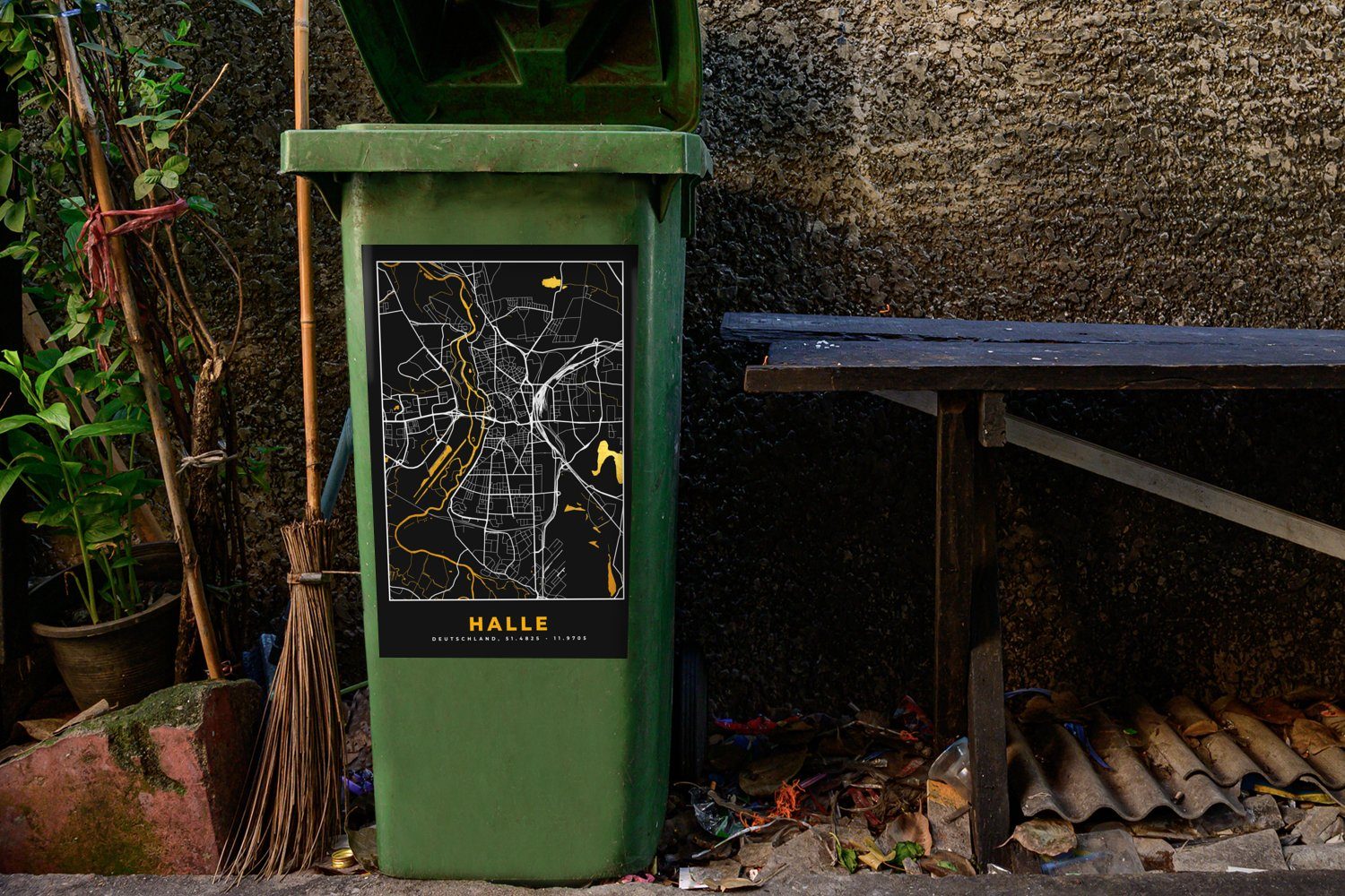 MuchoWow Wandsticker Karte Gold Halle - St), Abfalbehälter - Mülltonne, Mülleimer-aufkleber, (1 Deutschland - Sticker, Container, Stadtplan 