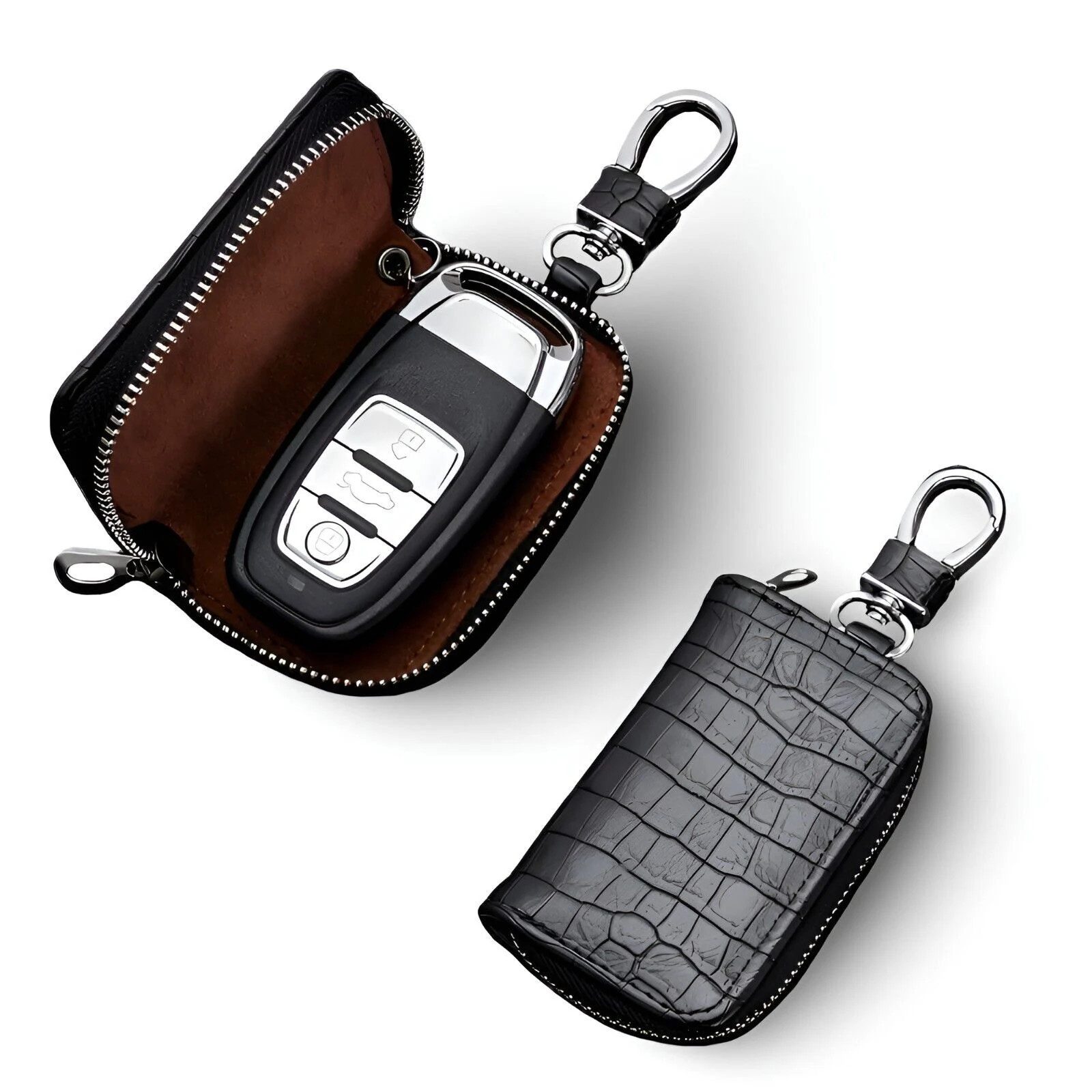 S&T Design Schlüsseltasche Leder Auto Schlüsseletui KFZ Schlüsselmäppchen (mit Schlüsselanhäner innen), Fahrzeugschlüssel Tasche mit 360 Grad Haken und Krokodil-Muster