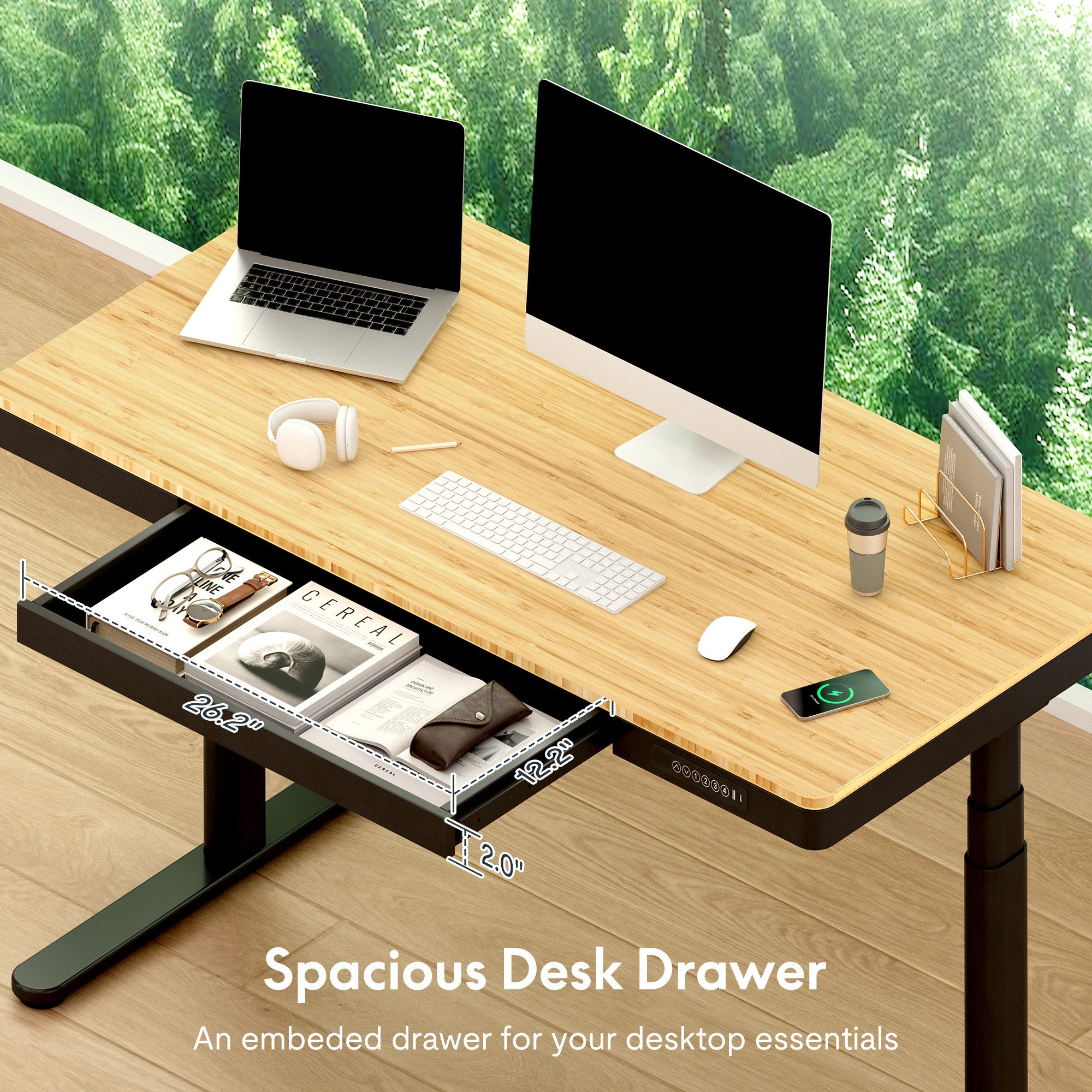 FLEXISPOT Schreibtisch Höhenverstellbarer Schreibtisch MIT Schubladen (mit kabellosem Laden, 4 Memory-Tasten, Schublade & Kabelmanagement), Doppelmotor, 3-stufige Beine, 140x70cm Bambusplatte, einfache Montage
