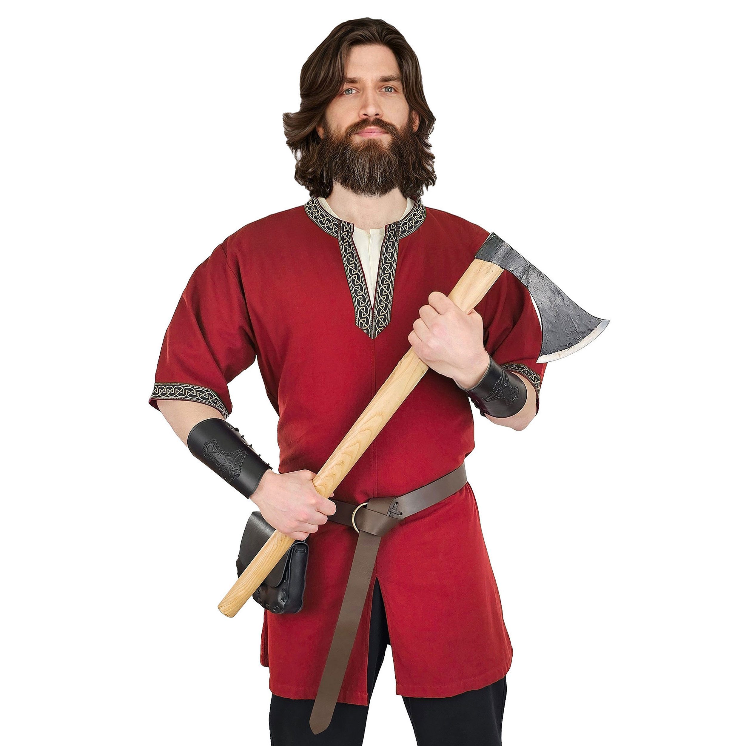 Vehi Mercatus Wikinger-Kostüm Klassische Wikinger Tunika rot "Arvid" mit Knotenmuster, kurzarm L