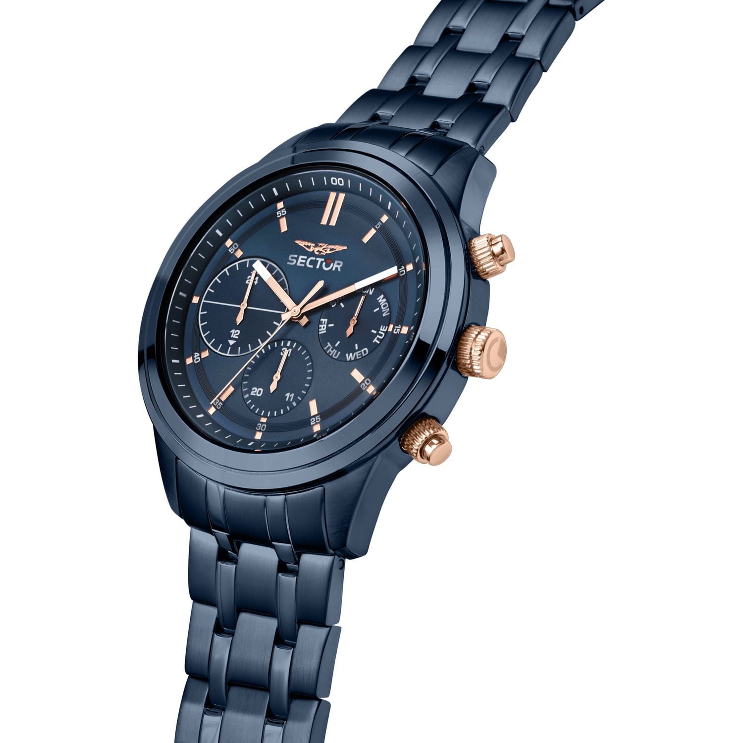 Multifunktion, groß Multifunktionsuhr Armbanduhr (43mm), Herren Armbanduhr Herren Fashion Sector Sector Edelstahlarmband blau, rund,