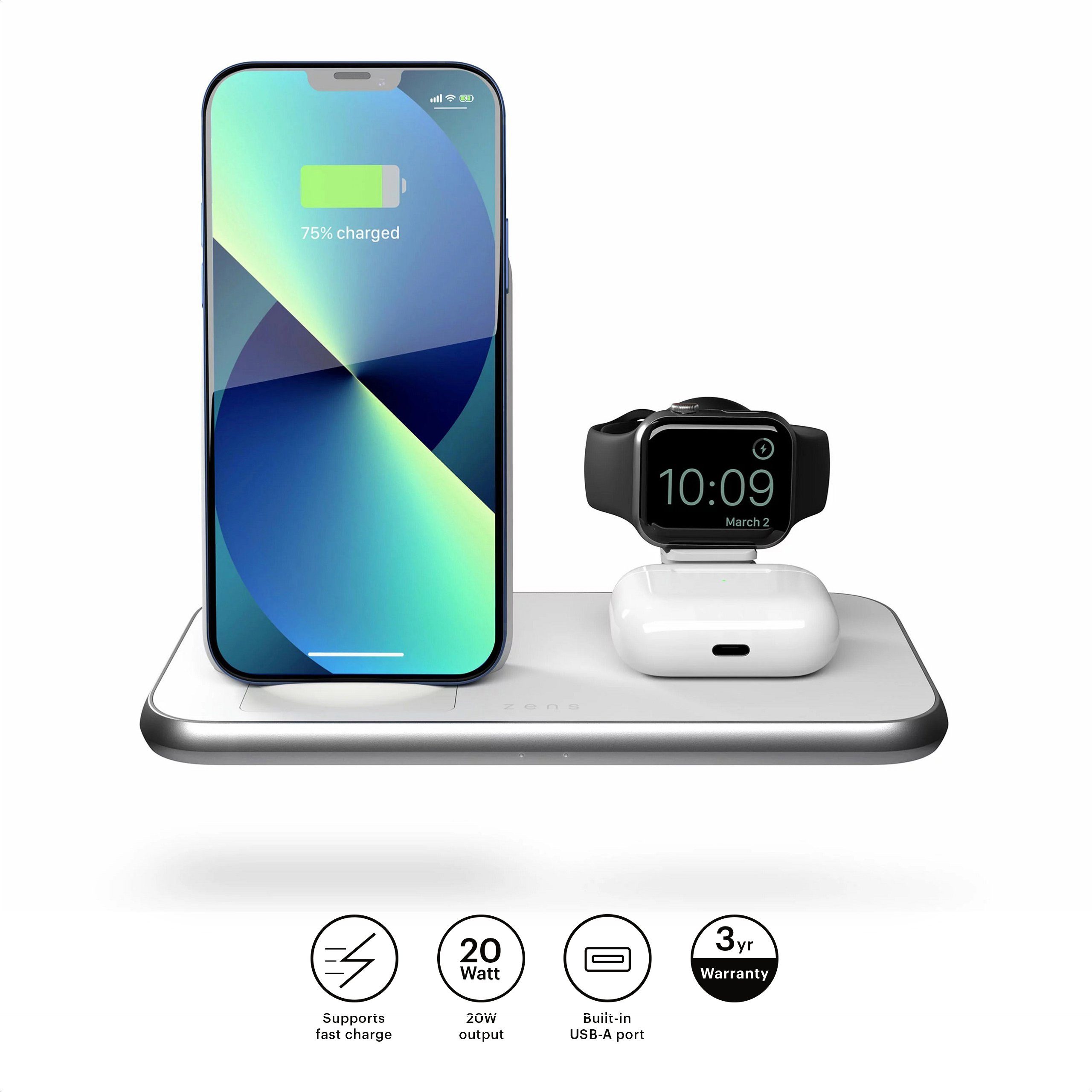 Zens Stand+Watch Wireless Charger (Für 1 Telefon, Apple AirPods + Apple Watch)