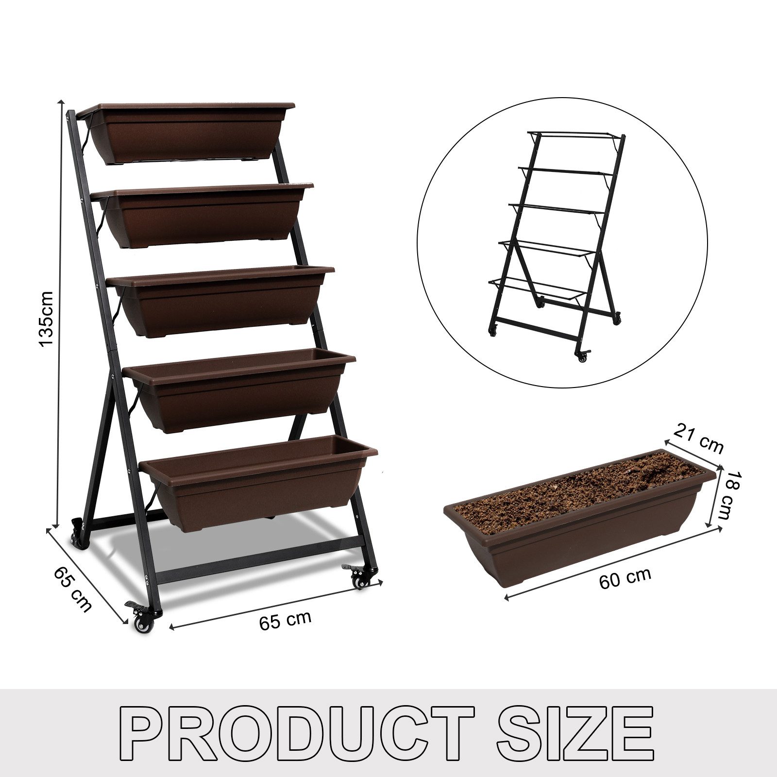 KAHOO Pflanzentreppe Hochbeet, Pflanzbeet aus Metall mit 5 Etagen, Blumentreppe, Pflanztreppe mit Rollen 65x65x135cm für Balkon, Terrasse und Garten