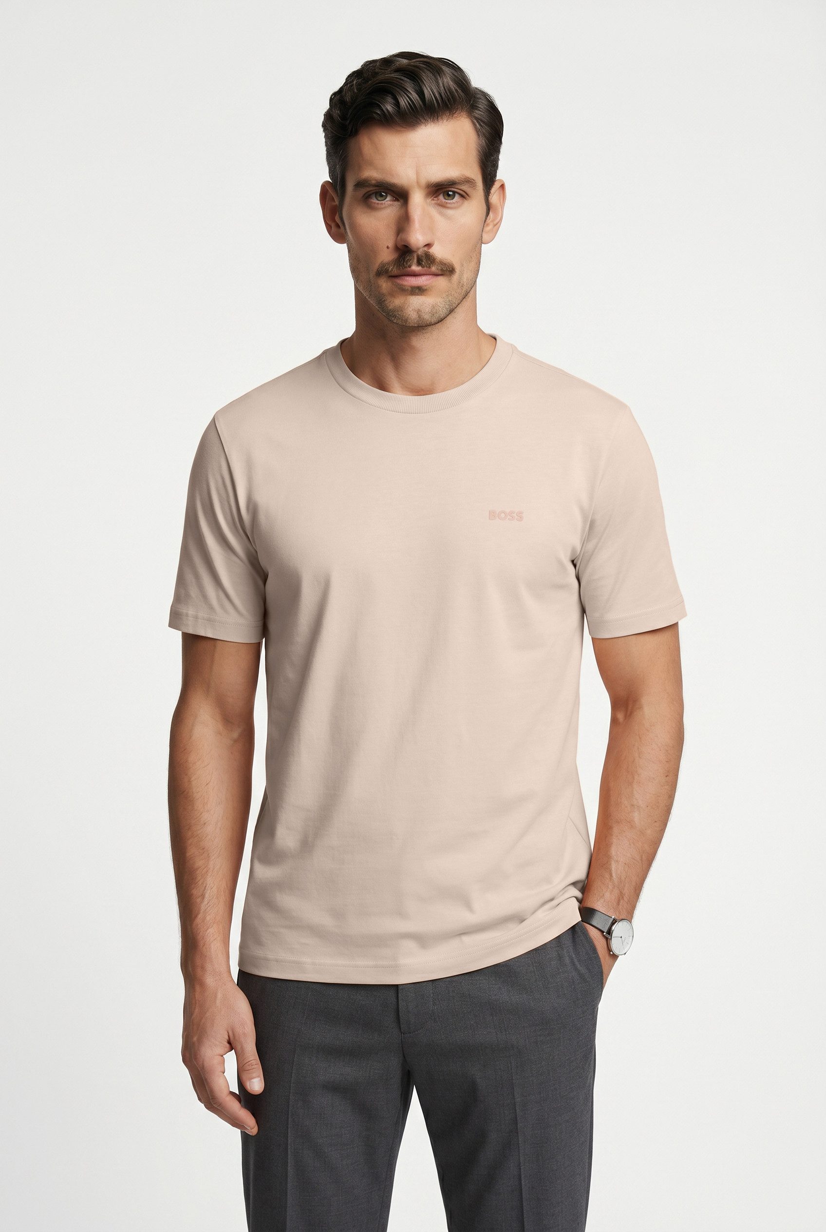 BOSS GREEN Rundhalsshirt Tee Regular Fit Stretch Jersey Cotton, Logo on Chest, Rundhals