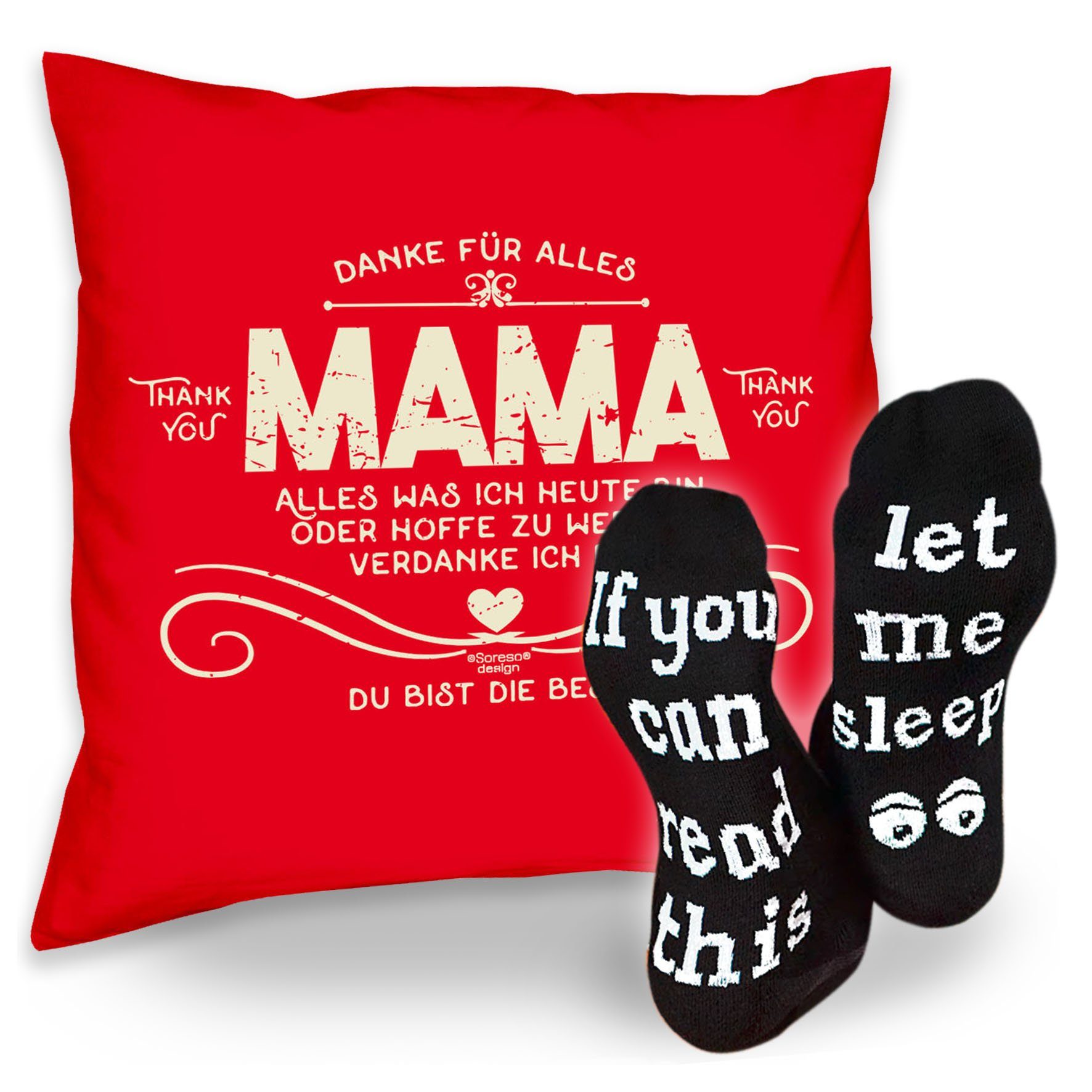 Soreso® Dekokissen Kissen Danke Mama & Sprüche Socken Sleep, Geschenk Geburtstagsgeschenk rot