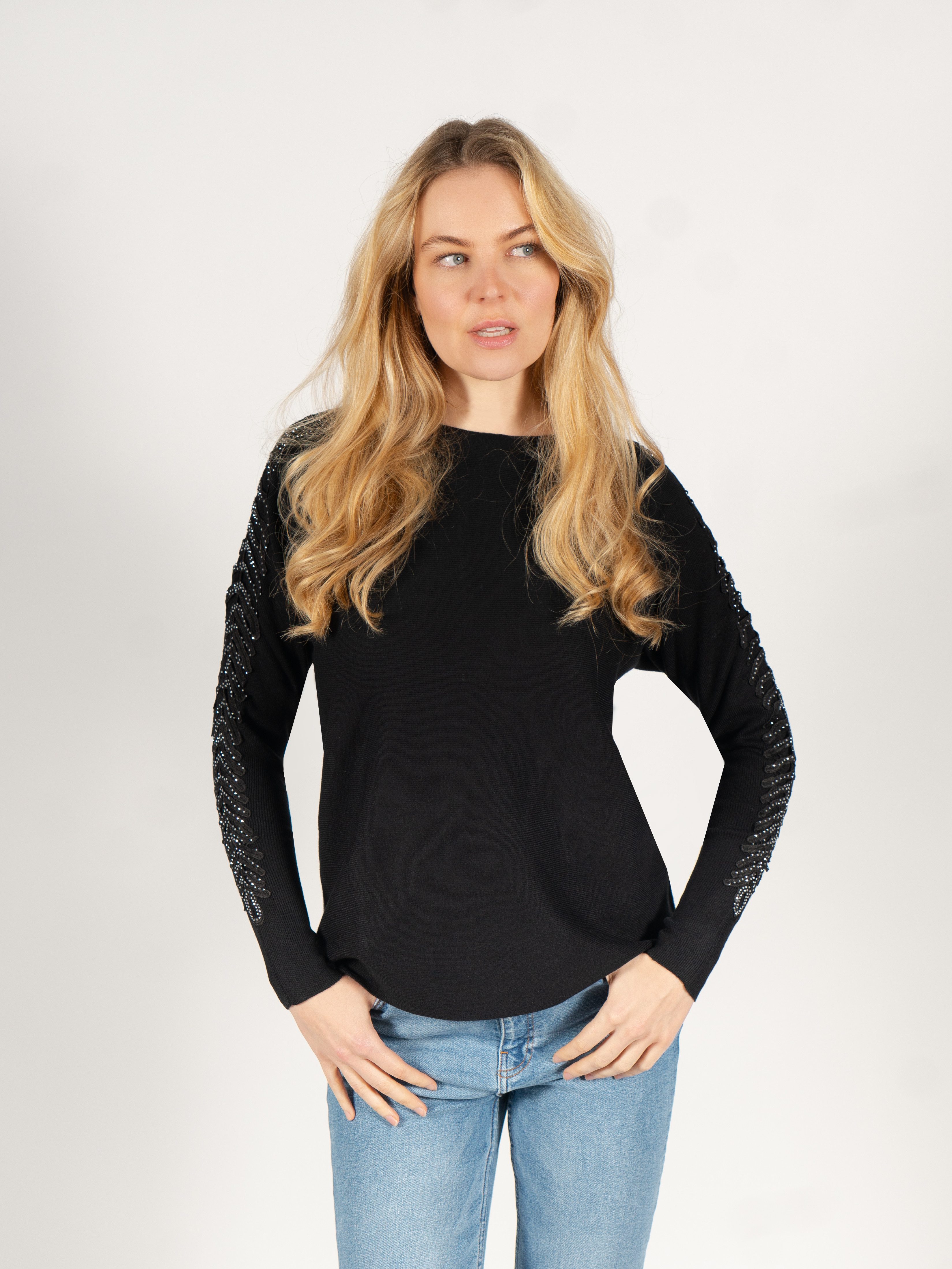 Passioni Strickpullover mit offenen gerippten Ärmeln und Glitzersteinen günstig online kaufen