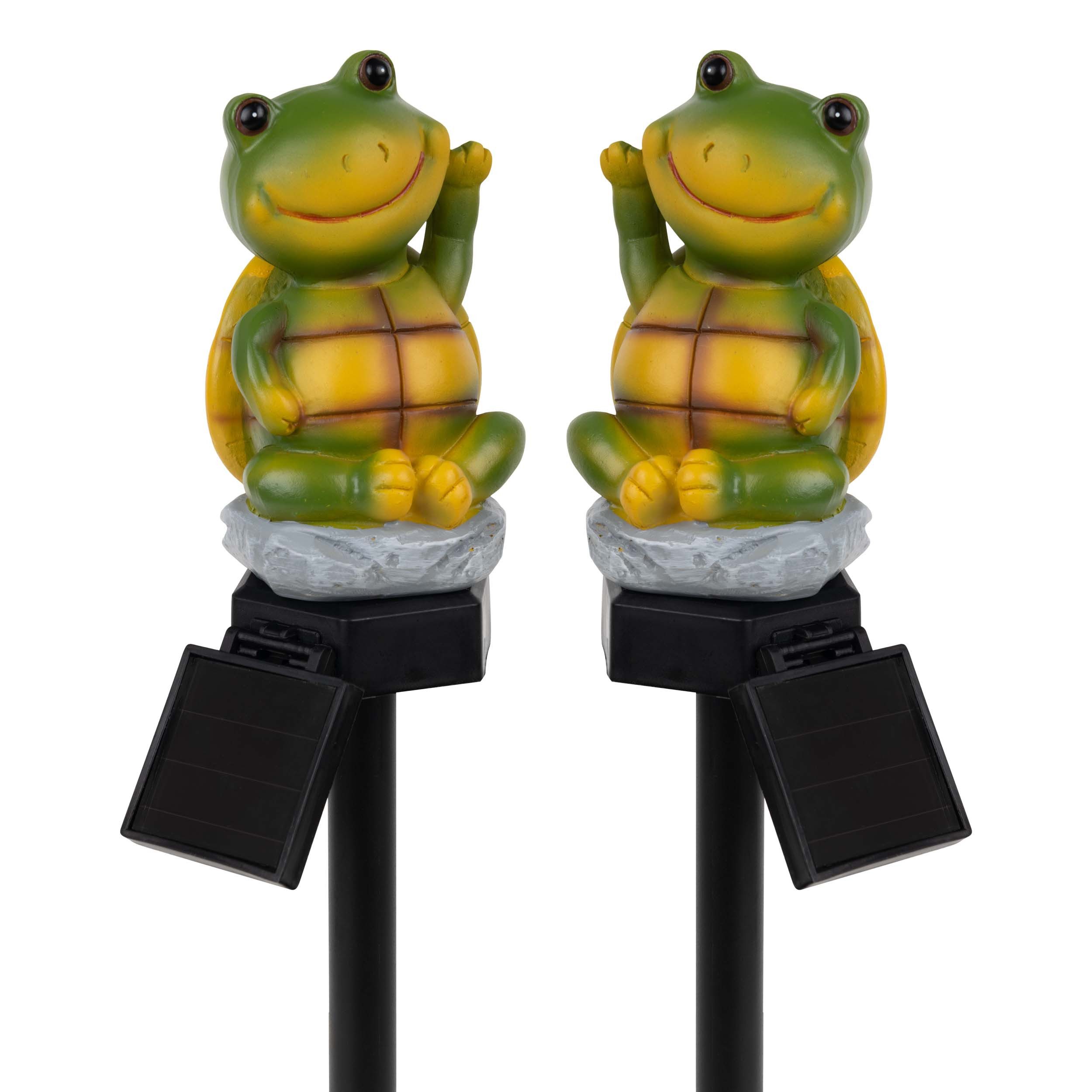 näve LED Solarleuchte Calvino, Tageslichtsensor, LED fest integriert, Warmweiß, 2er Set sitzender winkender Frosch, Dämmerungssensor, Schiebeschalter