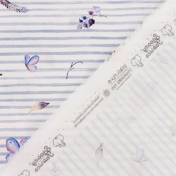 SCHÖNER LEBEN. Stoff Baumwollstoff Popeline Digitaldruck Schmetterlinge weiß lila 1,50m, allergikergeeignet