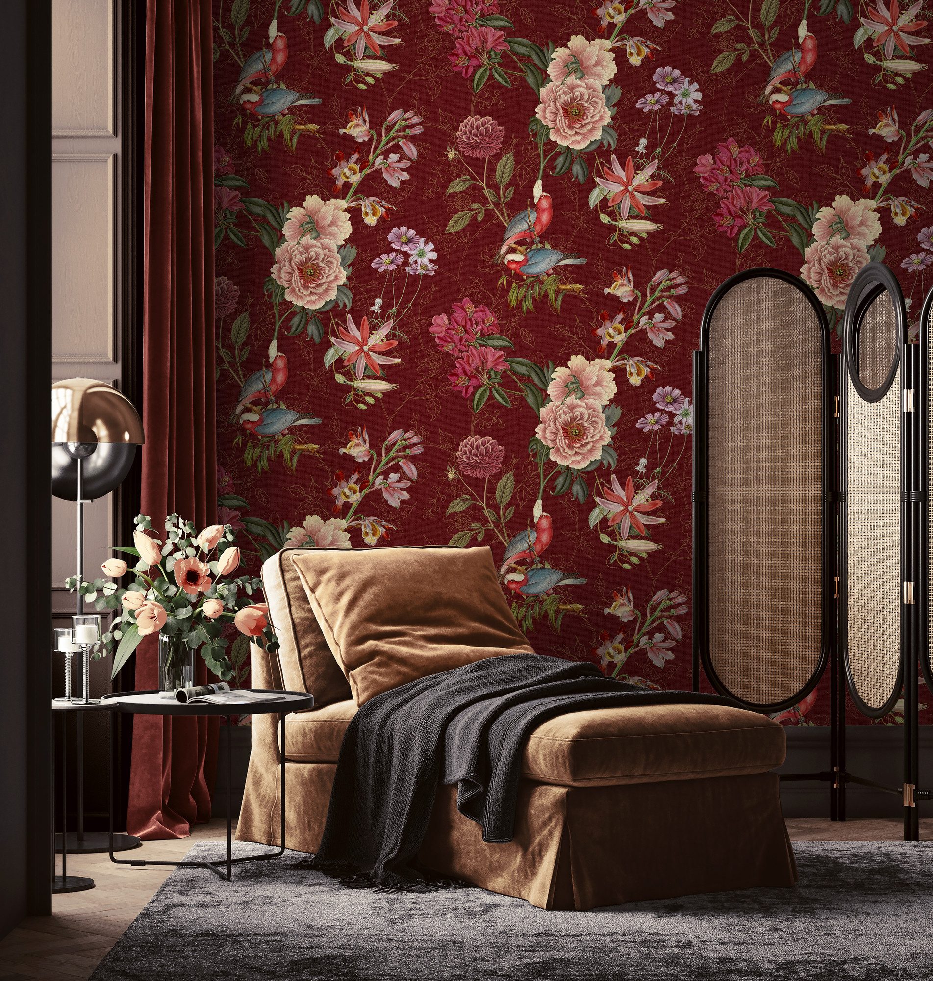 living walls Vliestapete LIMITED – Vintage Rosen Fototapete, leicht strukturiert, floral, naturalistisch, ornamental, (3 St), Üppige Rosenblüten auf dunklem Grund im Vintage-Stil