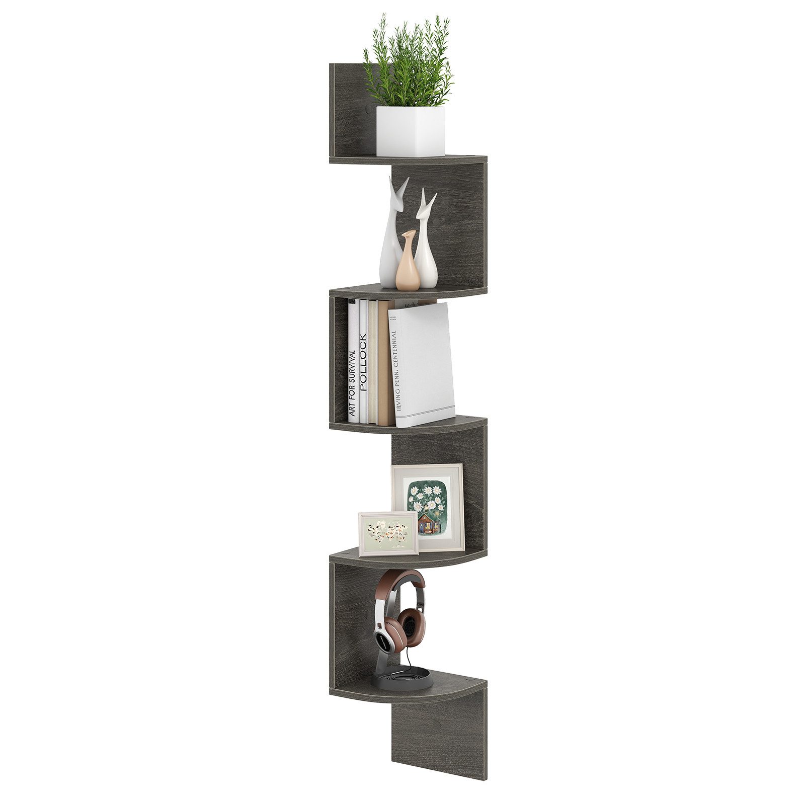 COSTWAY Eckregal, hängend, 5-stöckiges Bücherregal schwebend, Holz