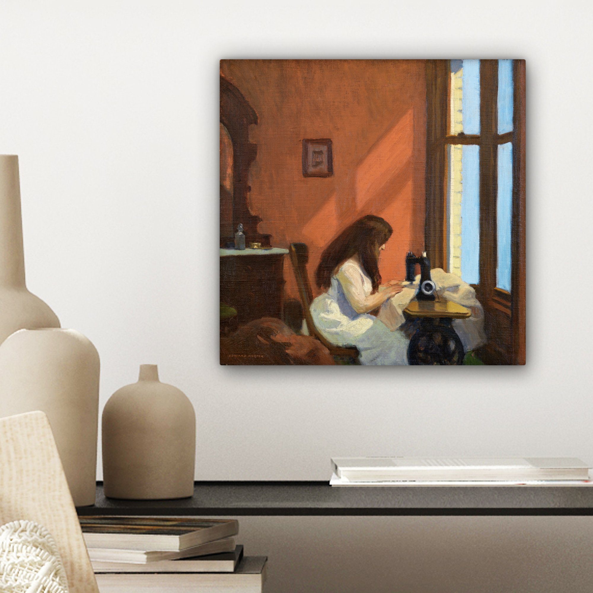 OneMillionCanvasses® Leinwandbild Mädchen Nähmaschine für (1 Hopper, Edward St), 20x20 - Schlafzimmer, an Leinwand der Wohnzimmer Bilder cm
