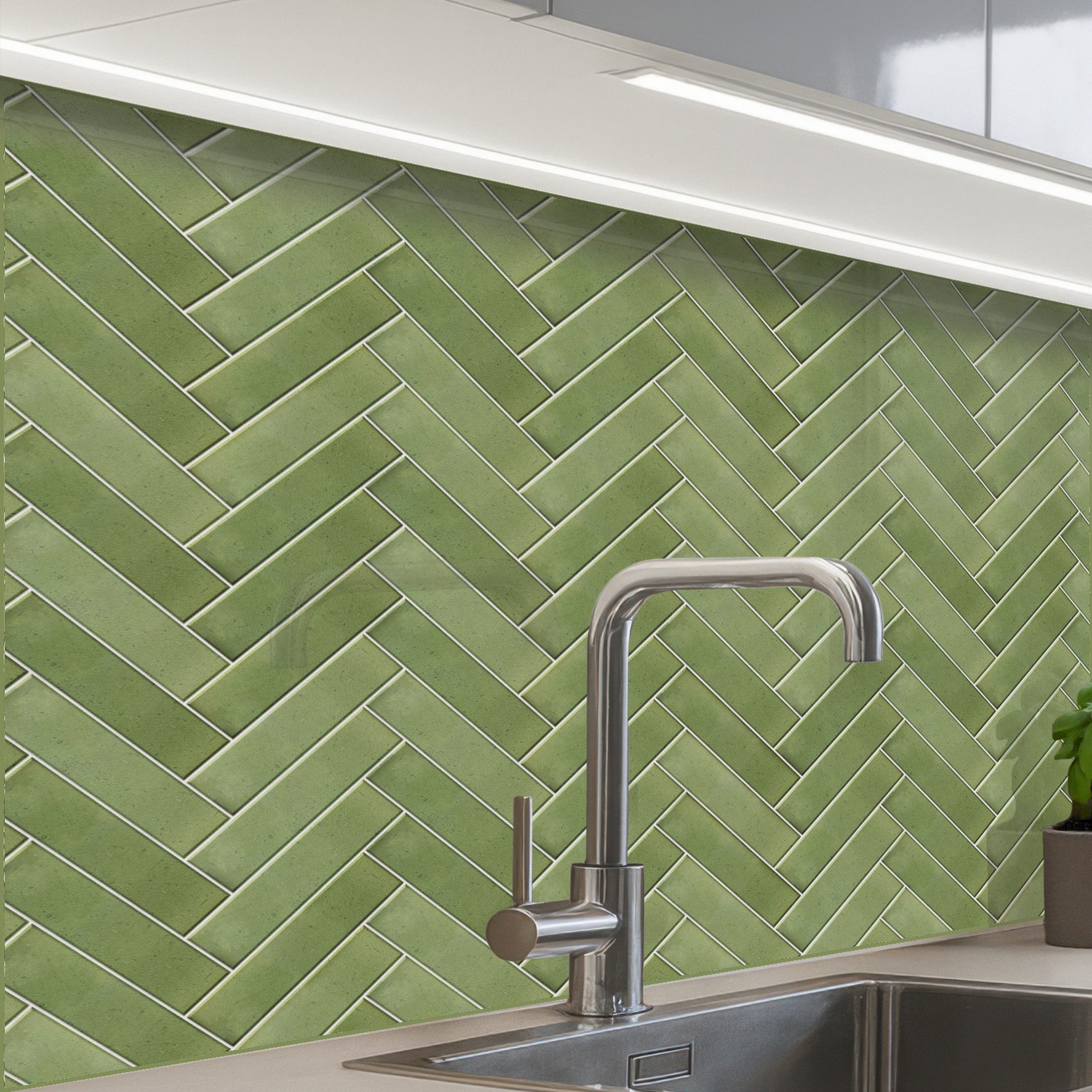 KitchenYeah Küchenrückwand selbstklebend Fischgrätmuster - Fliesen - Olivgrün, (1-tlg), Spritzschutz, Küche, Rückwand, Küchenwand, Küchenfront, 80x60 cm