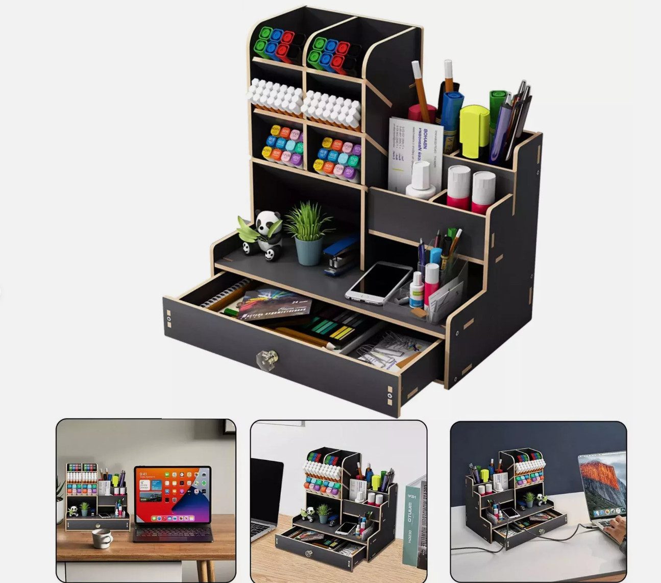 Holz Lichter Regal-Schreibtisch Schreibtisch Organizer aus Holz Büro Organizer Dokumentenablage (Enthält 1 Aufbewahrungsbox inkl. Montageschraubenpaket), Hochdichte Faserplatte, langlebig und stabil