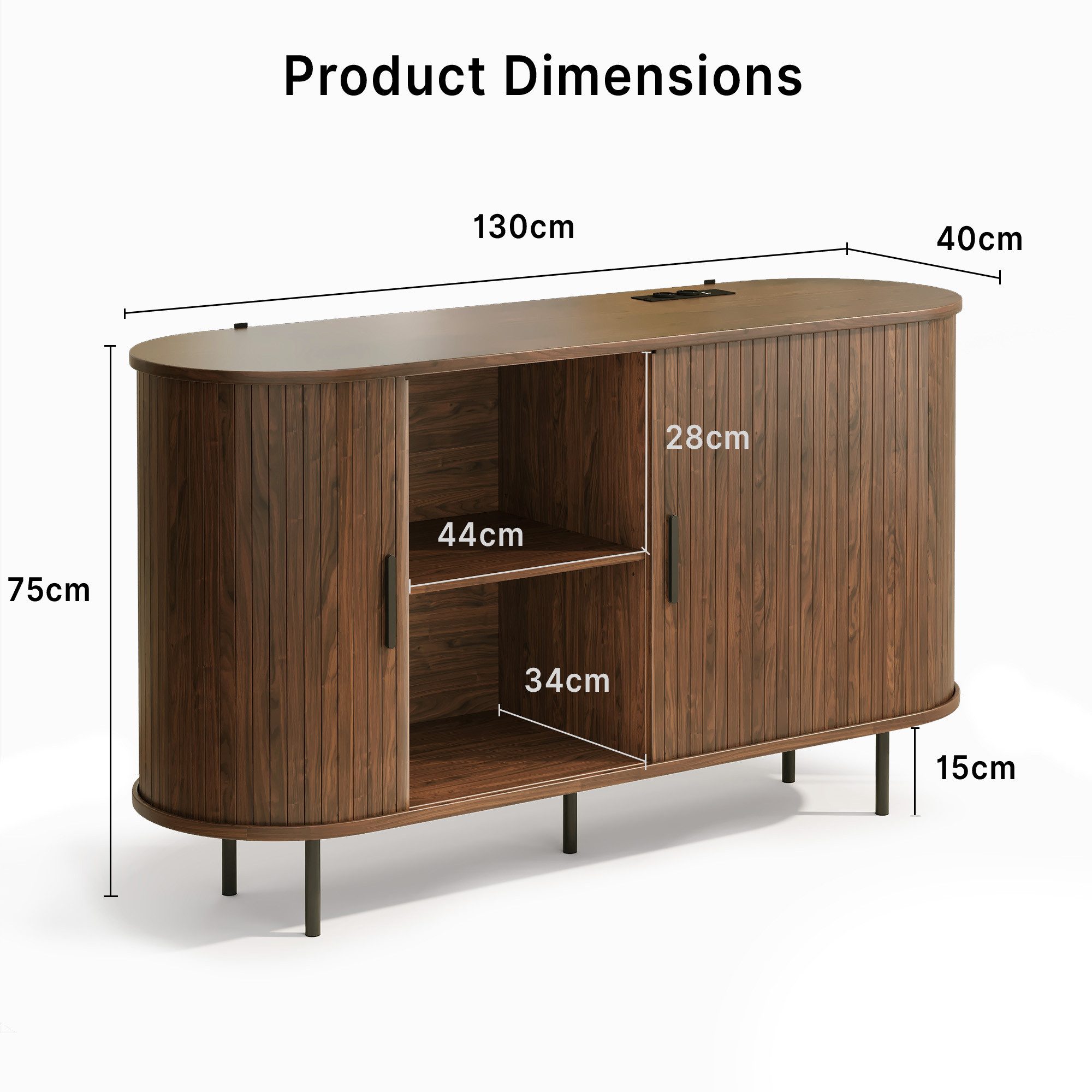 Bealife Sideboard in Holzoptik mit Rolltüren & Metallbeinen, 140x40x75cm – Bild 2 von 5
