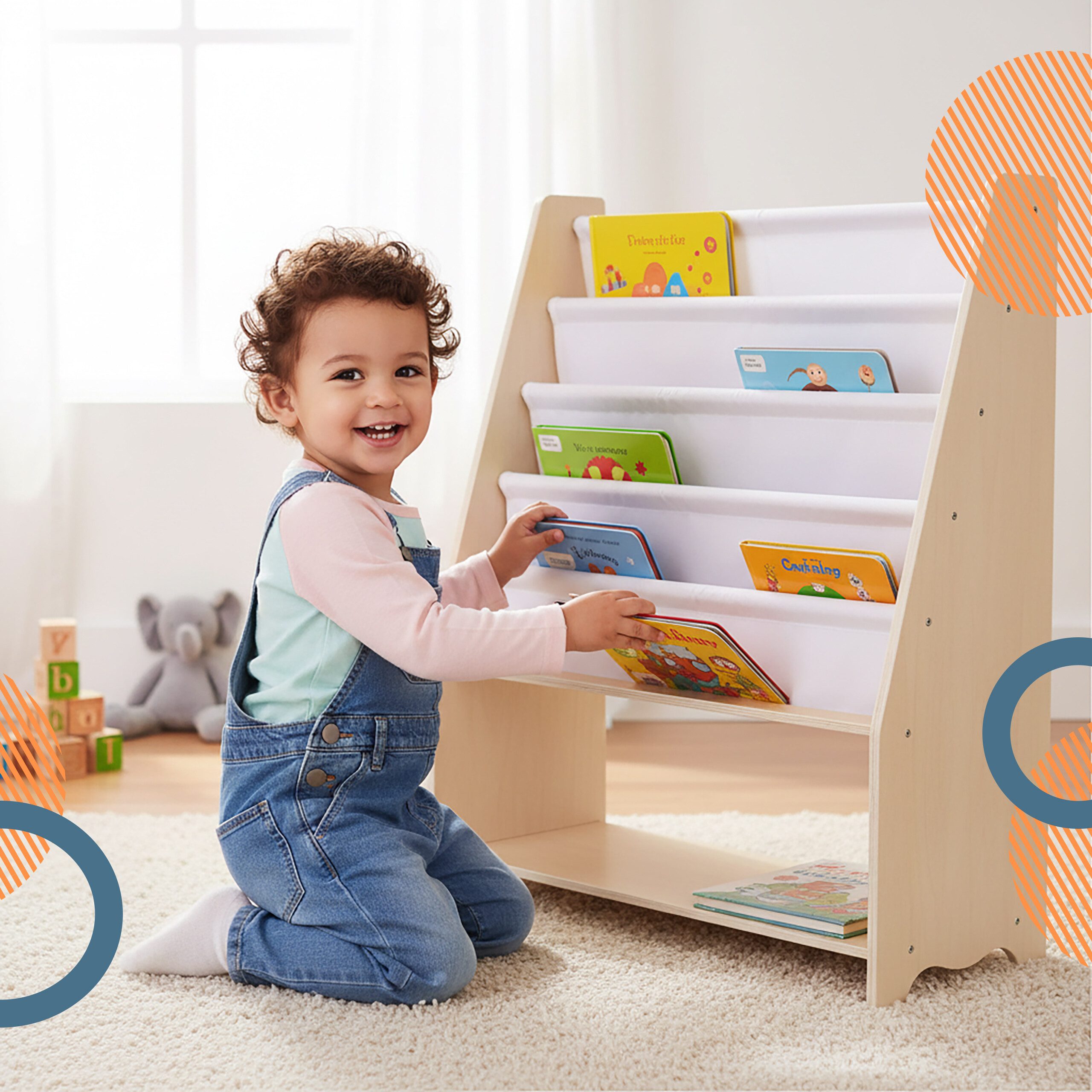 relaxdays Kinderregal Bücherregal Kinder 4 Stofftaschen, B