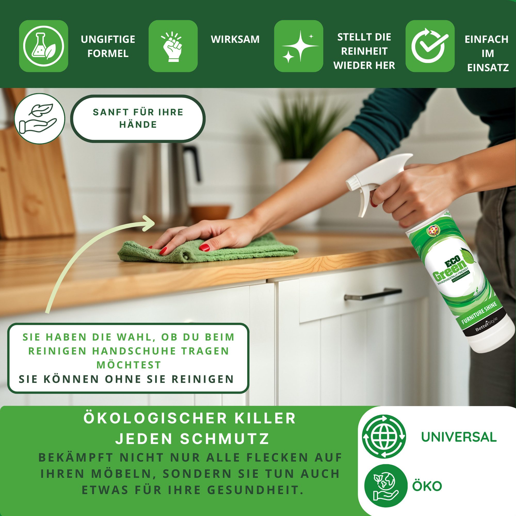 BetterStyle ECO Möbelpflegespray Spezialwaschmittel (100% biologisch abbaubar, umweltfreundlich, für alle Holzoberflächen)