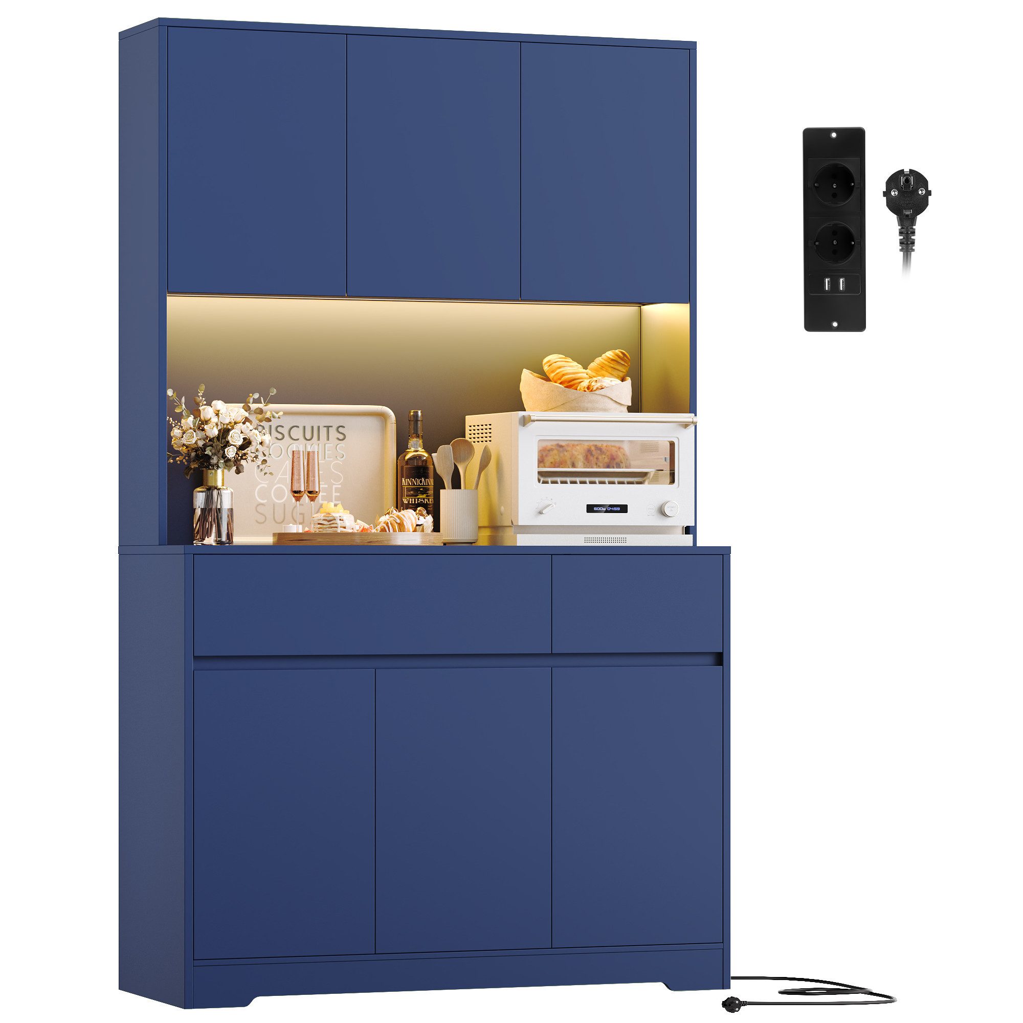Homfa Küchenbuffet Küchenschrank Buffetschrank mit LED-Beleuchtung mit steckdosen, Arbeitsplatte und 6 Türen, 100x38,5x180cm