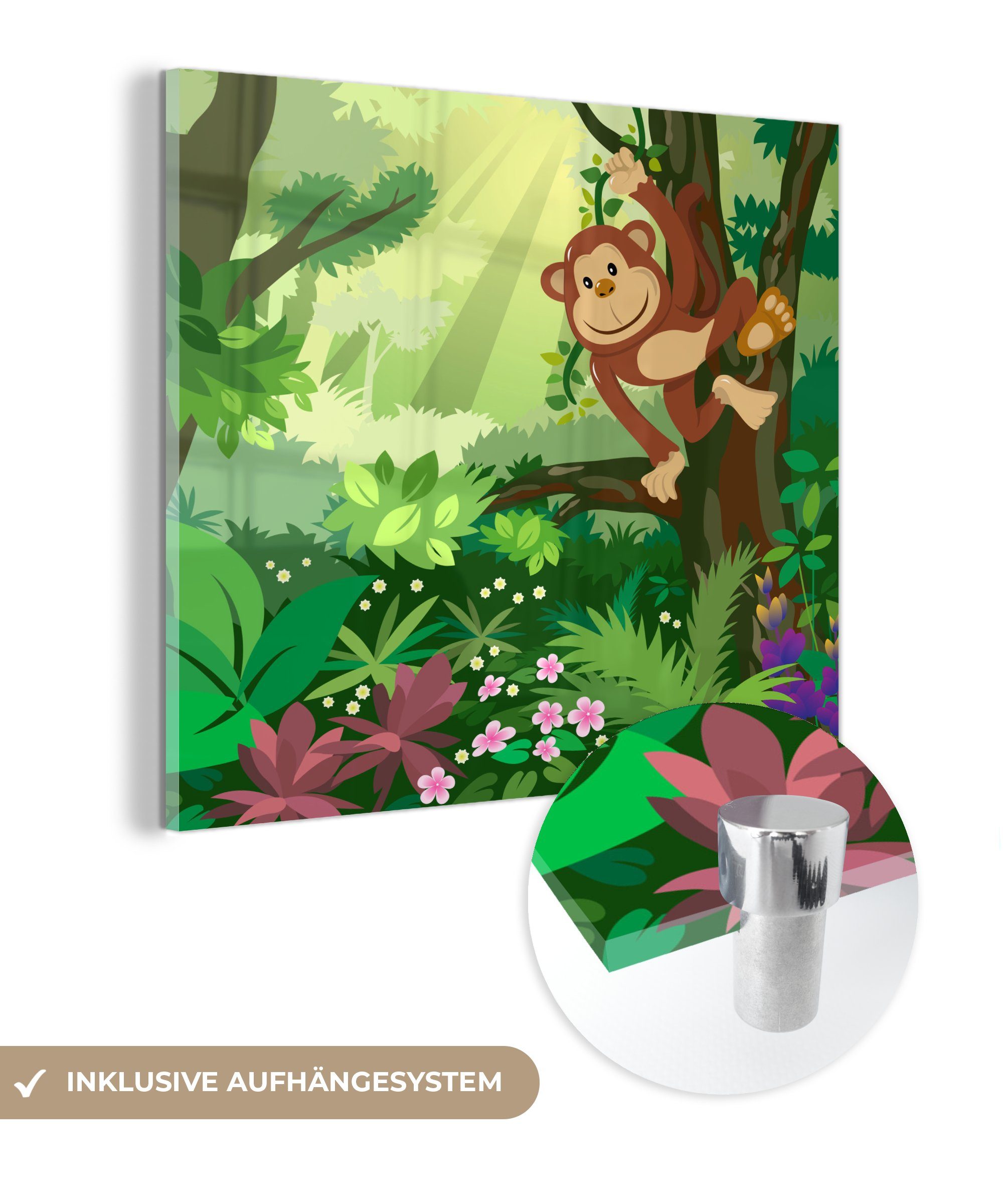 MuchoWow Acrylglasbild Affe - Dschungel - Jungen - Mädchen - Blumen - Kinder, (1 St), Glasbilder - Bilder auf Glas Wandbild - Foto auf Glas - Wanddekoration bunt