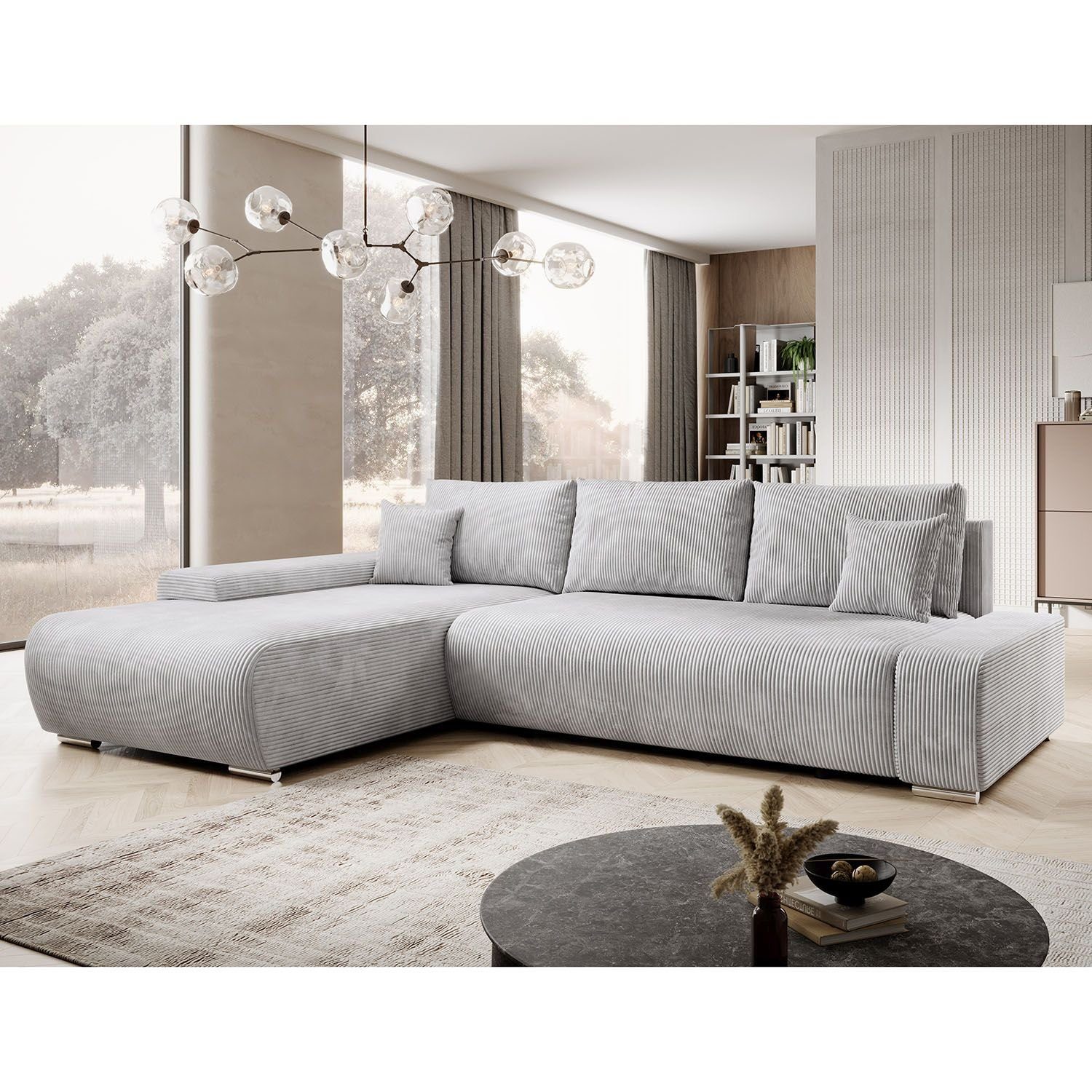 Juskys Ecksofa Iseo, modern, L-Form, Schlaffunktion, bequem, samtig wie Cord, inkl. Kissen Hellgrau