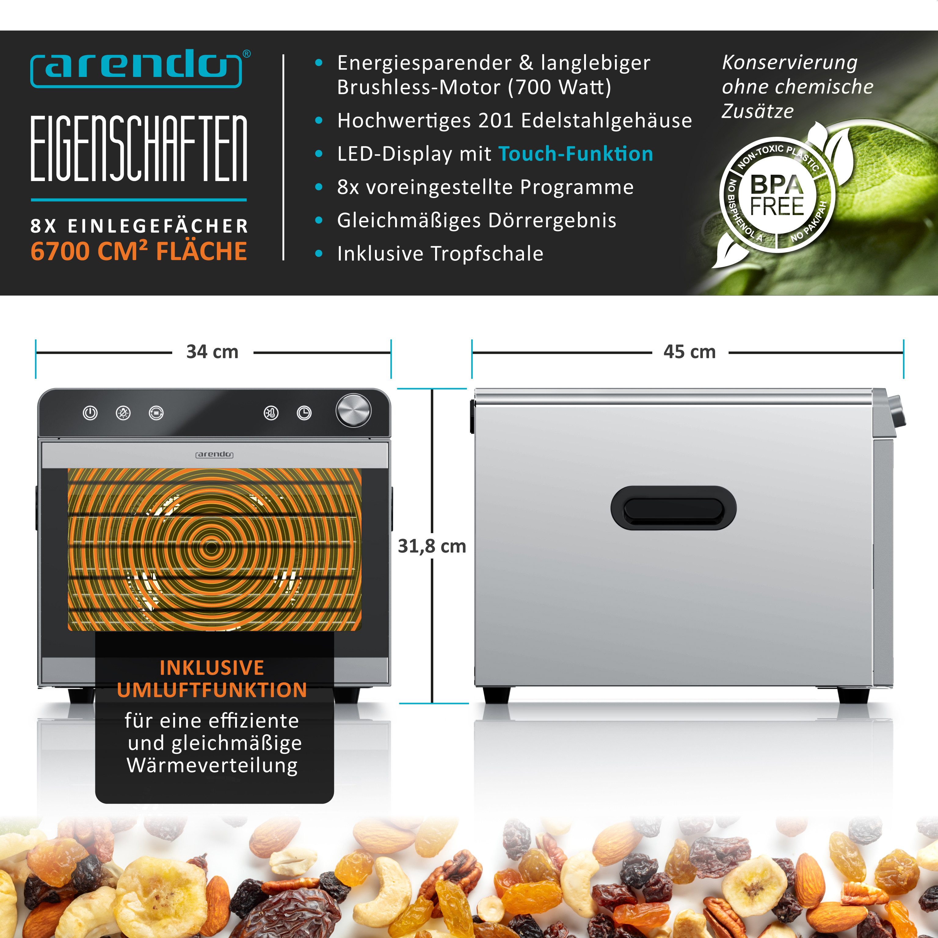 Arendo Dörrautomat Edelstahl, Temperaturregler von 30° bis 85°C, Dörrgerät, Dehydrator, 700 W, 8 Etagen, Obst, Fisch, Fleisch Dörrapparat, Obsttrockner, Timer 0,5-24 Stunden