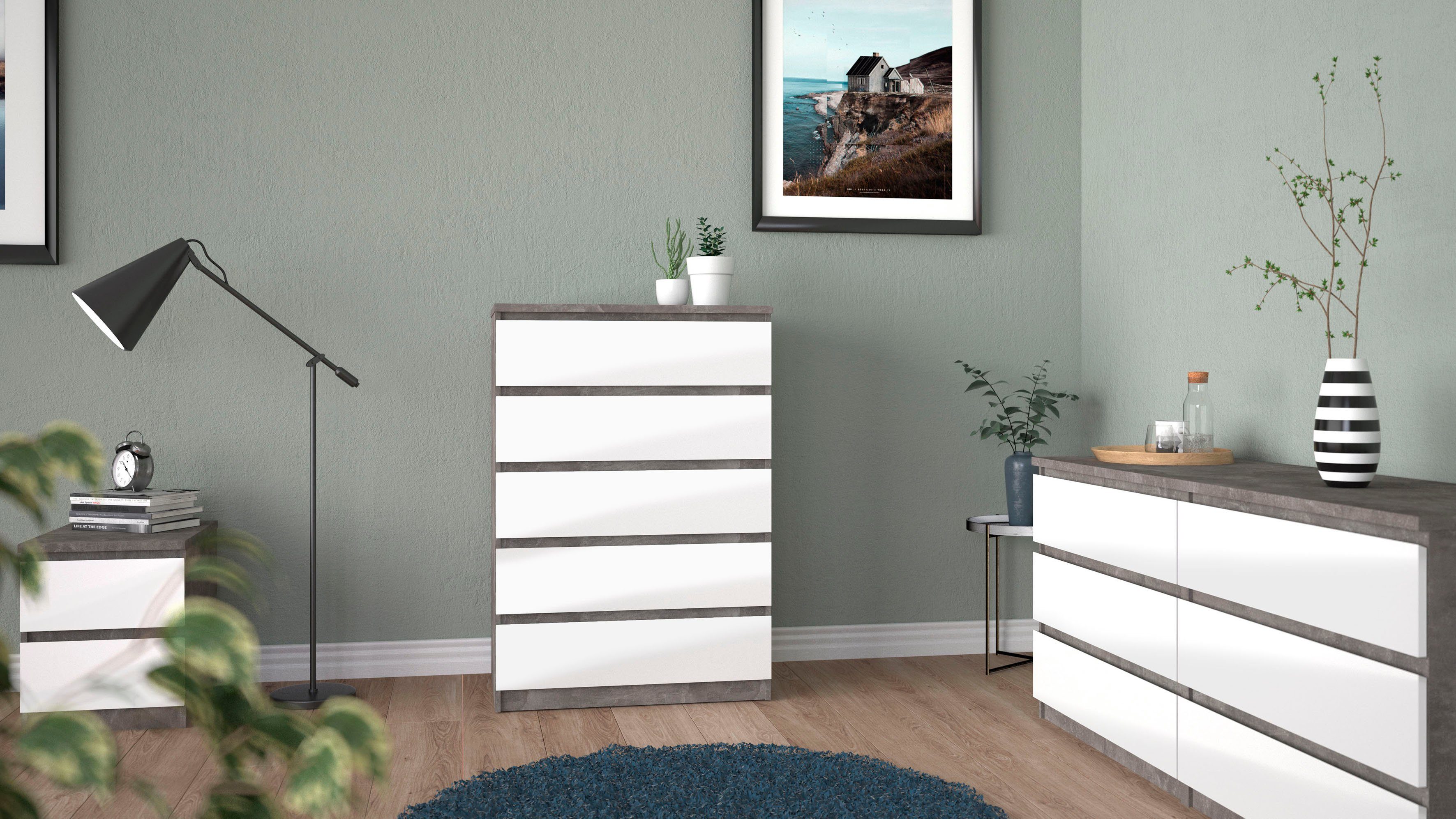 INOSIGN Kommode Naia, Aufbewahrung, 6 Schubladen, Hochglanz-Optik, grifflose Front, Modern, skandinavisches Design, in mehrere Farben, Metallgleiter