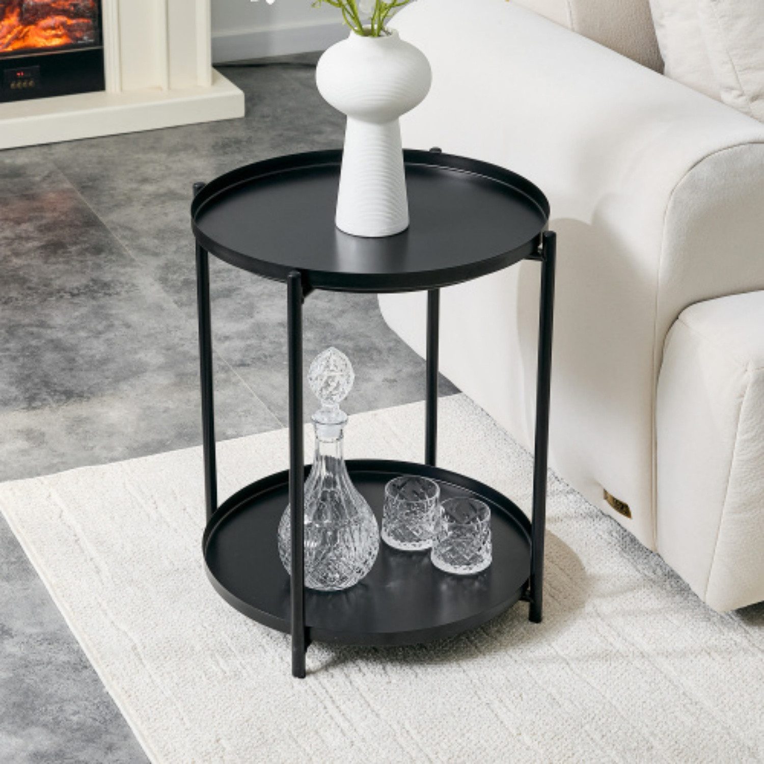 ANYSUN Beistelltisch Runder Beistelltisch 2 Etagen Metallrahmen 52x42x42 cm Couchtisch (1-teilig), Mit 2 Ablagen, leicht zu bewegen & reinigen – für Sofa, Bett & Sessel