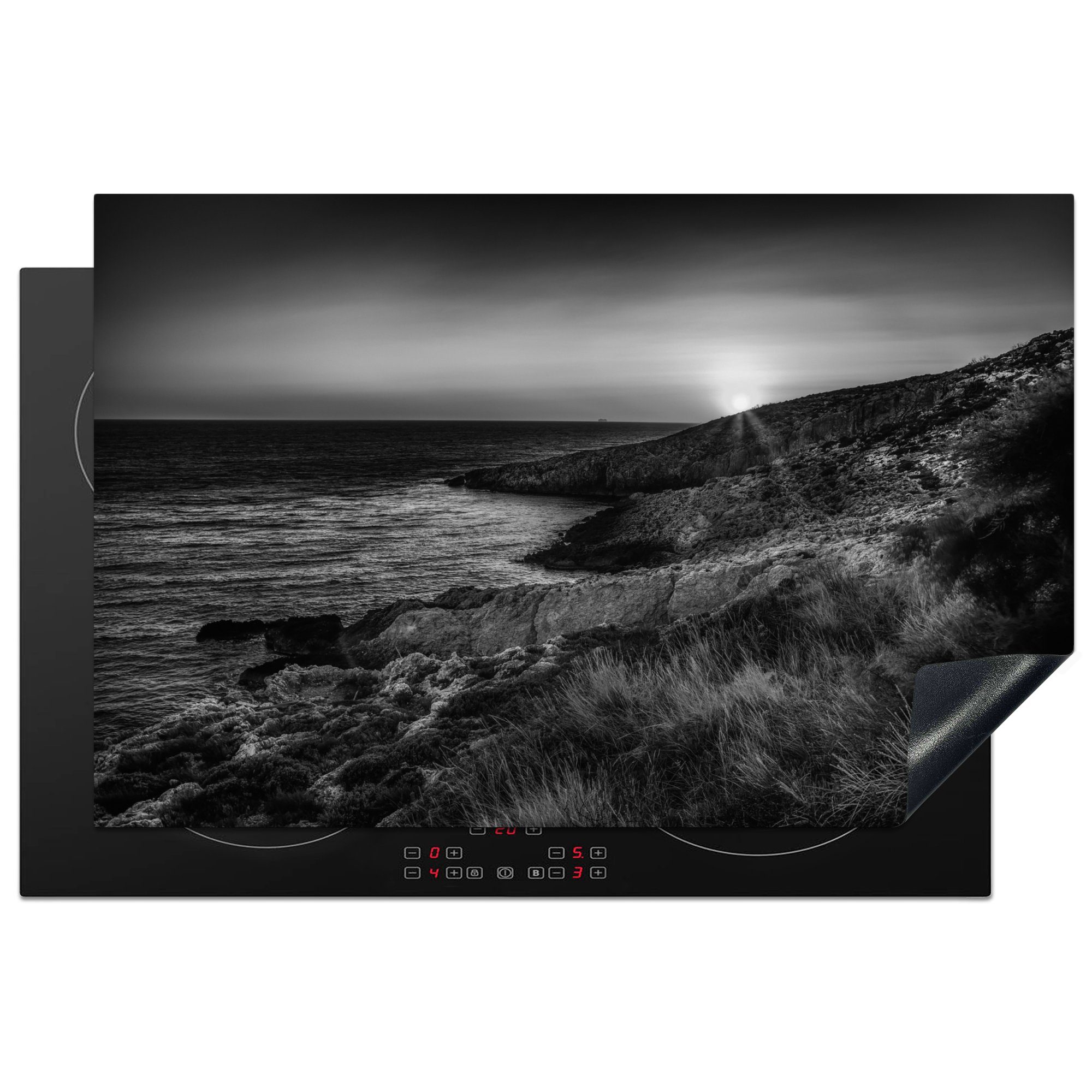 MuchoWow Herdblende-/Abdeckplatte Zakynthos - Insel - Schwarz - Weiß, Vinyl, (1 tlg), 81x52 cm, Induktionskochfeld Schutz für die küche, Ceranfeldabdeckung