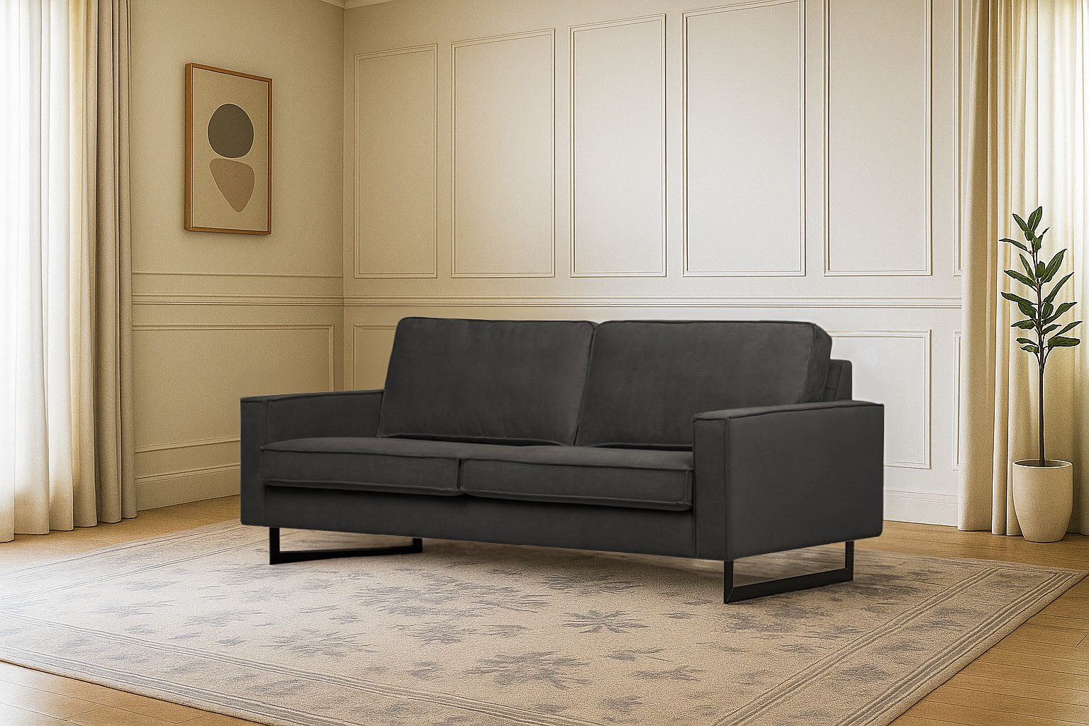 Home affaire 3-Sitzer Pinto, 206 cm, Cord, Chenille, Lederoptik, mit Keder, schwarze Metallfüße, Wellenunterfederung
