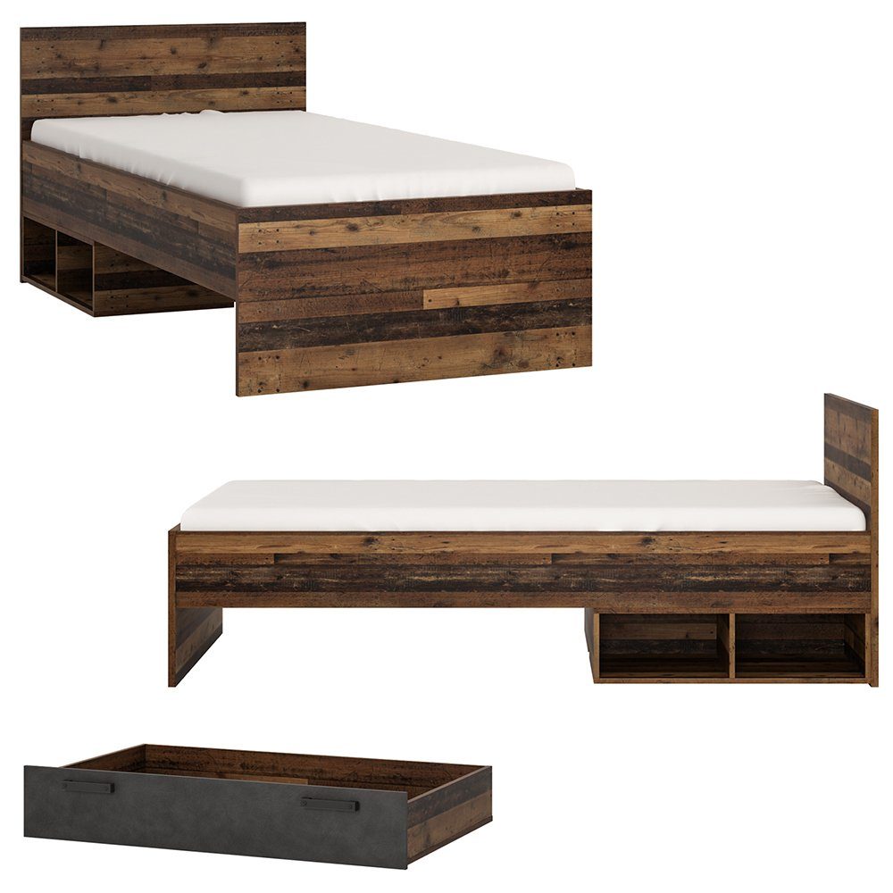 Kleiderschrank Holz Sideboard, Jugendzimmer-Set mit Bett mit Lomadox (Sparset, und 3-tlg), grau NELSON-129, in 90x200,