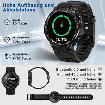 HYIEAR Smartwatch Damen Herren, Bluetooth Kopfhörer 5.3, für Android/iOS Smartwatch, mit austauschbaren Armbändern, Ladekabeln Drei Paar Ohrstöpsel, Sportarmband, Fitnessuhr