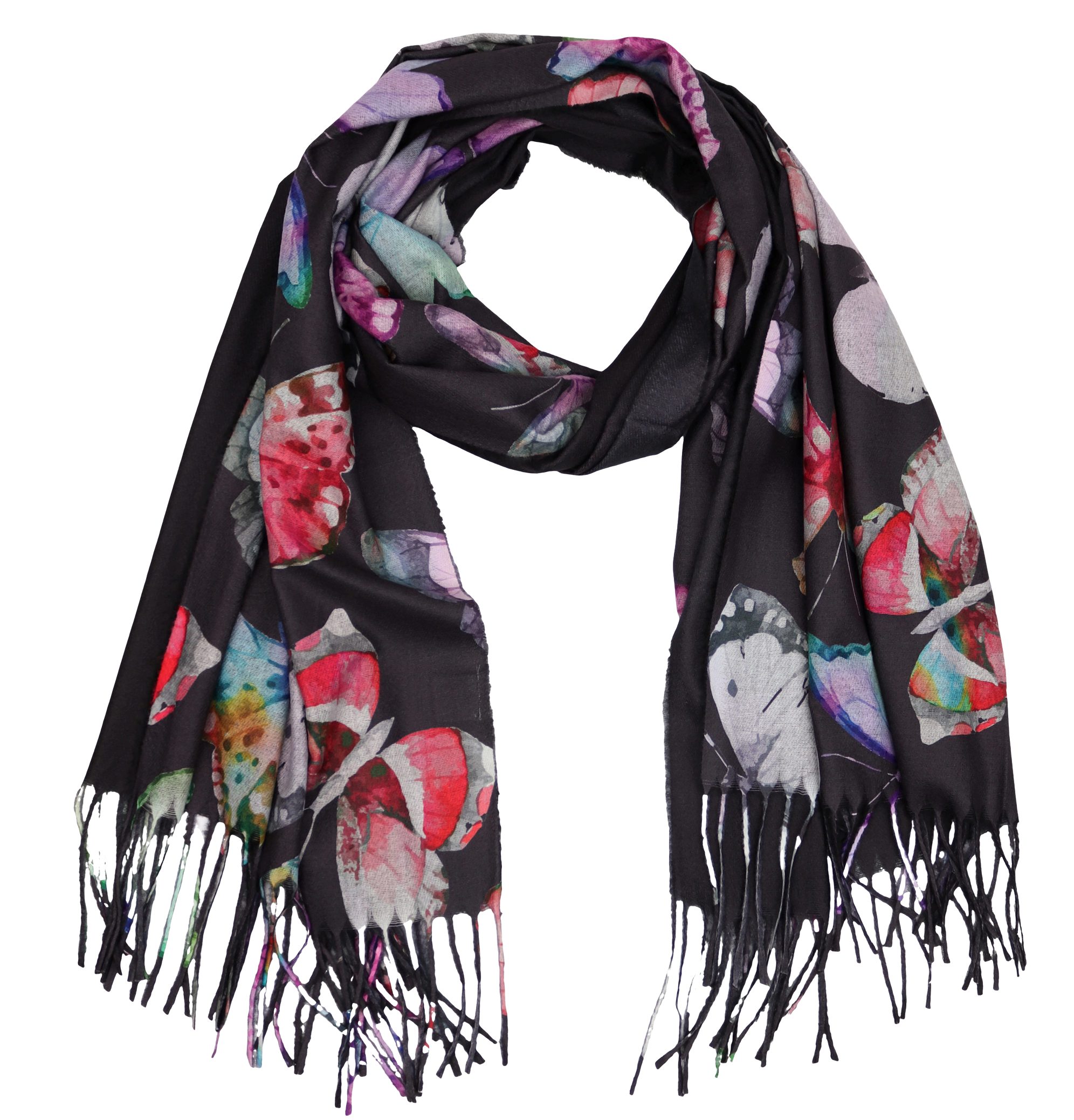 Modeschal weicher und warmer Schal Schmetteringe mit Fransen, 70x180cm
