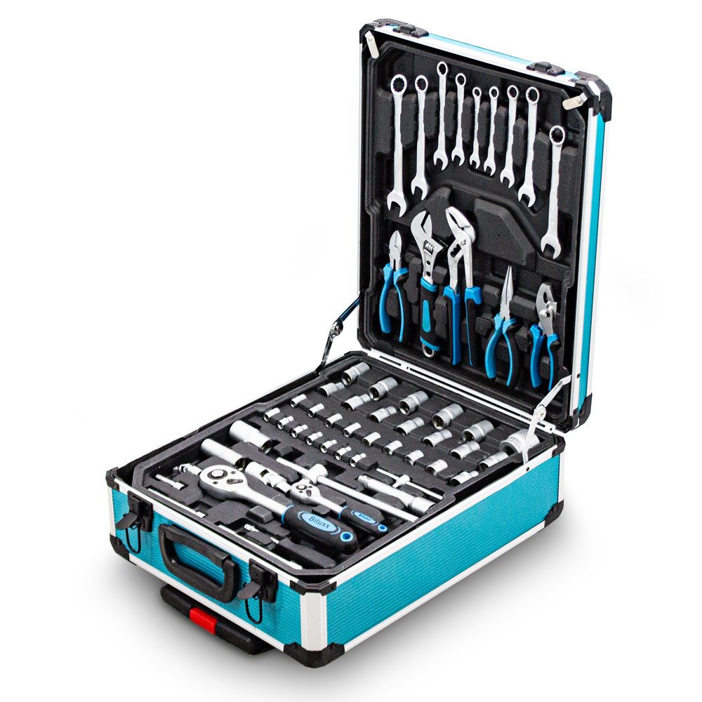 Bituxx Werkzeugtrolley Werkzeugkoffer Set 1300 tlg. (Komplett-Set, 1300 St., Trolley mit 4 bestückten Werkzeugeinlagen, Bitsatz, MS-14490), mobil & praktisch: Rollkoffer mit Teleskopgriff und 4 Ebenen