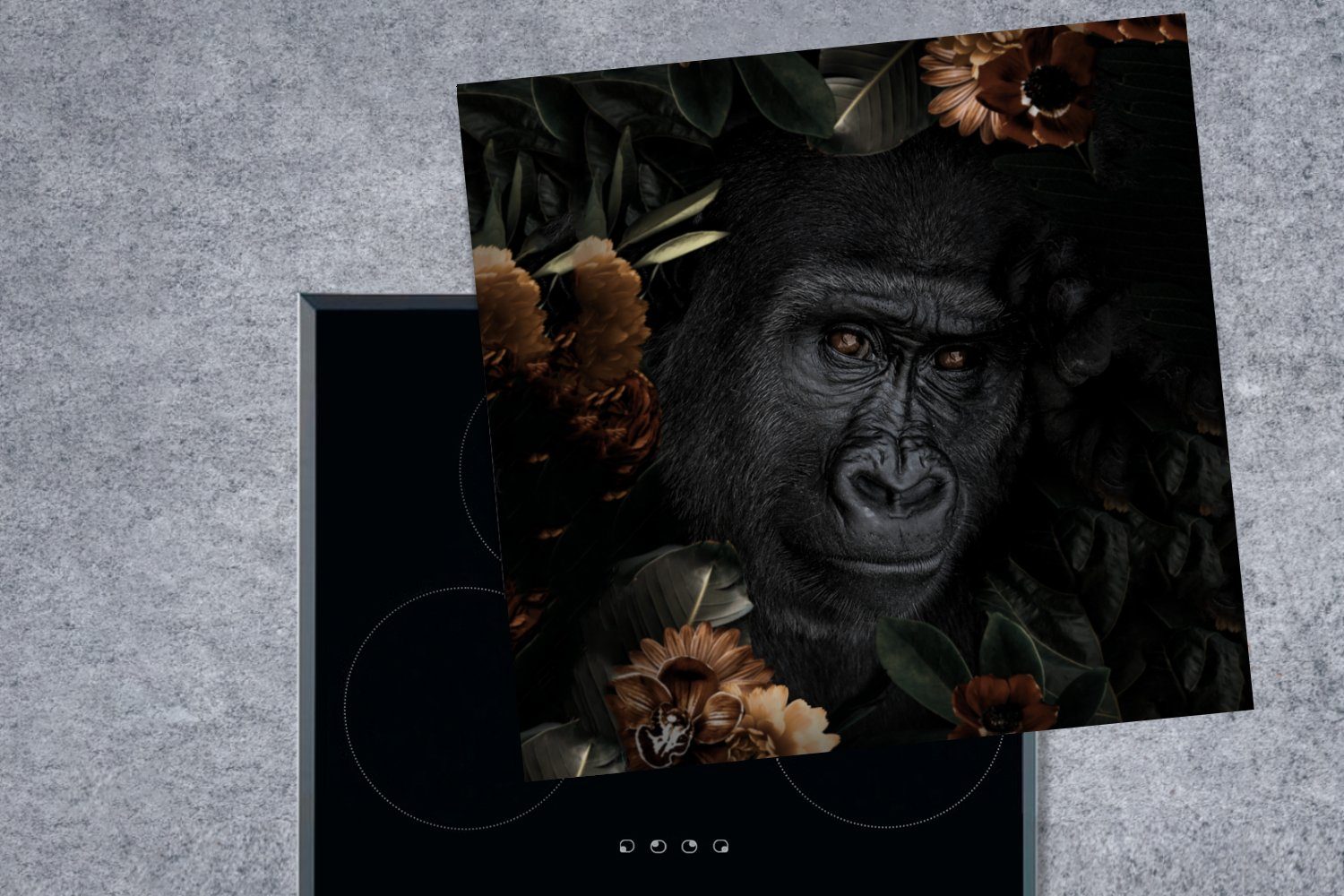 MuchoWow Affe Herdblende-/Abdeckplatte Tiere - - - Vinyl, Blumen cm, für Schwarz, 78x78 tlg), (1 Ceranfeldabdeckung, Arbeitsplatte küche