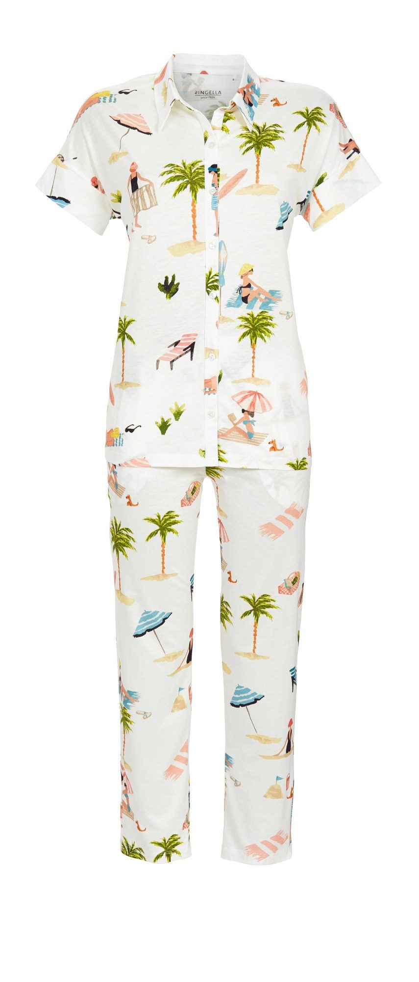 Pyjama im Beach-Dessin mit durchgehender Knopfleiste und 7/8 Hose