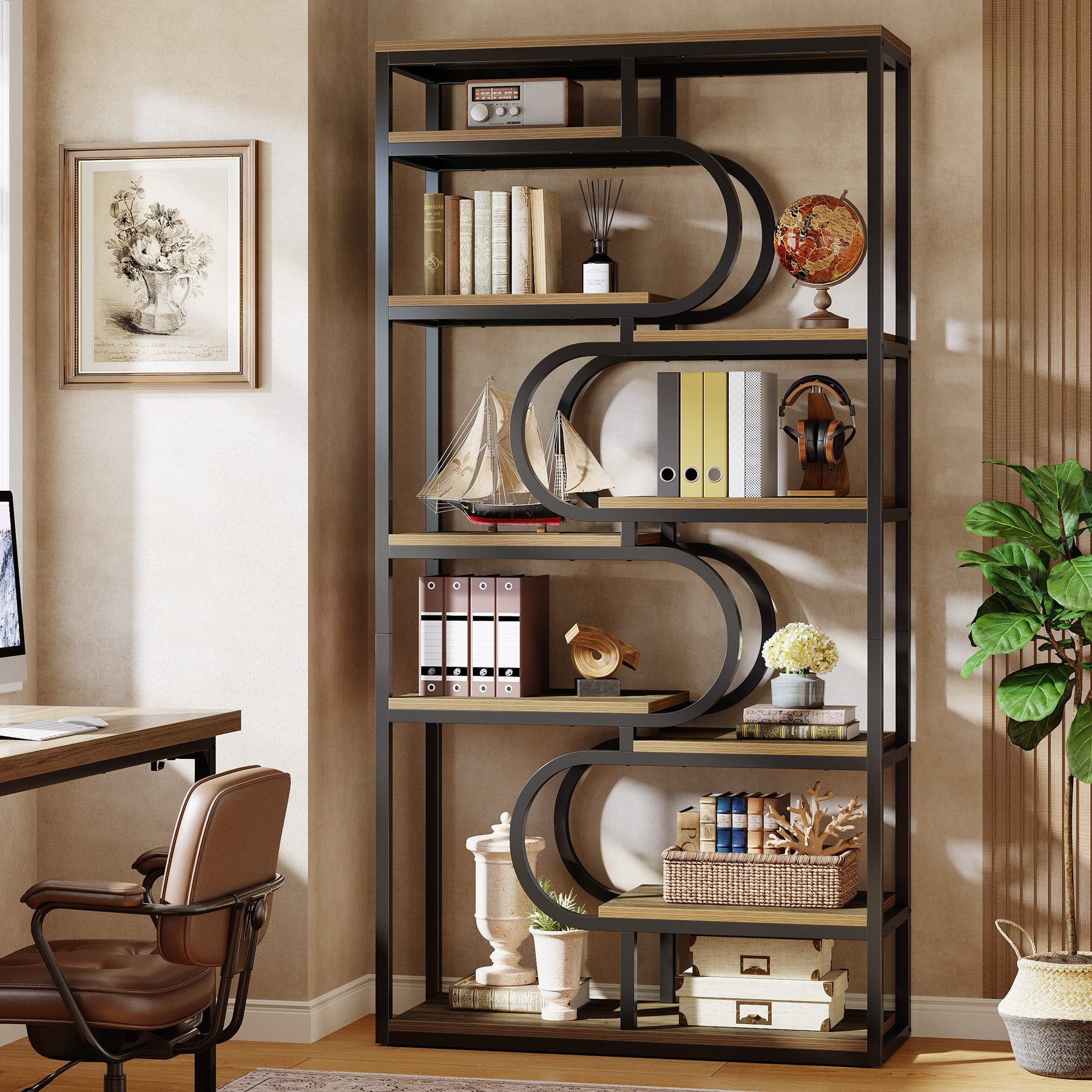 Tribesigns Bücherregal 5-stöckiges Industrial-Standregal, Ausstellungsregal mit Metallrahmen, 180cm Etagere-Bücherregal, Freistehendes Regal mit Offenem Staurau – Bild 2 von 5