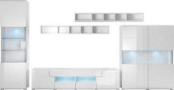 INOSIGN Wohnwand Toledo,Breite 384cm stilvolle Mediawand ohne Beleuchtung, (Set, 5-St), Anbauwand(Vitrine,Lowboard,Highboard,2xHängeregal)MDF Hochglanzfronten