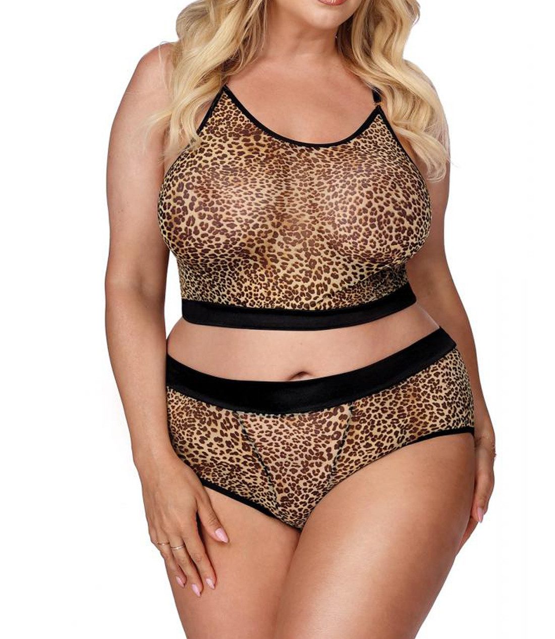 Top & Shorts Schwarzes Plus Size Damen Dessous Set Slip und Top mit leoparden Muste