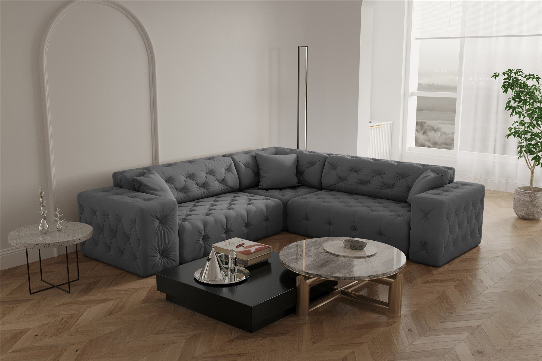 Neues Produkt, Super-Sonderverkauf! Fun Möbel Ecksofa Ecksofa Opera Velvet Seite Stoff Designersofa in Grau universal CHANTAL