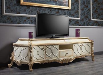 Casa Padrino TV-Schrank Luxus Barock Fernsehschrank Weiß / Antik Gold 242 x 65 x H. 70 cm - Prunkvoller Barock Wohnzimmerschrank mit 4 Türen und 3 Schubladen