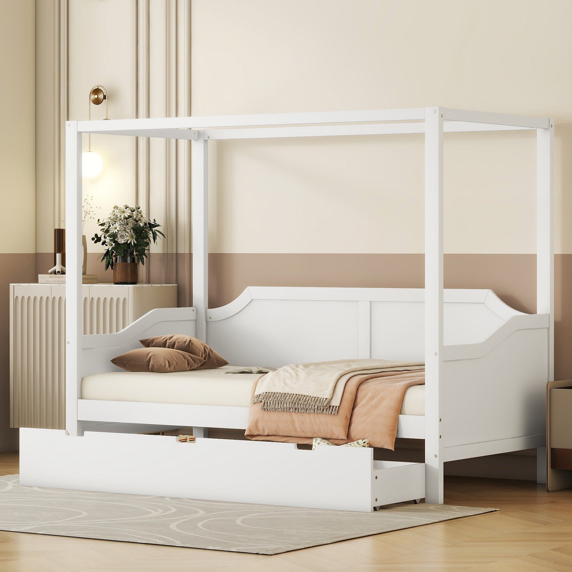Merax Holzbett, 90x200 cm mit Schublade, Himmelbett mit Lattenrost, Tagesbett Weiß