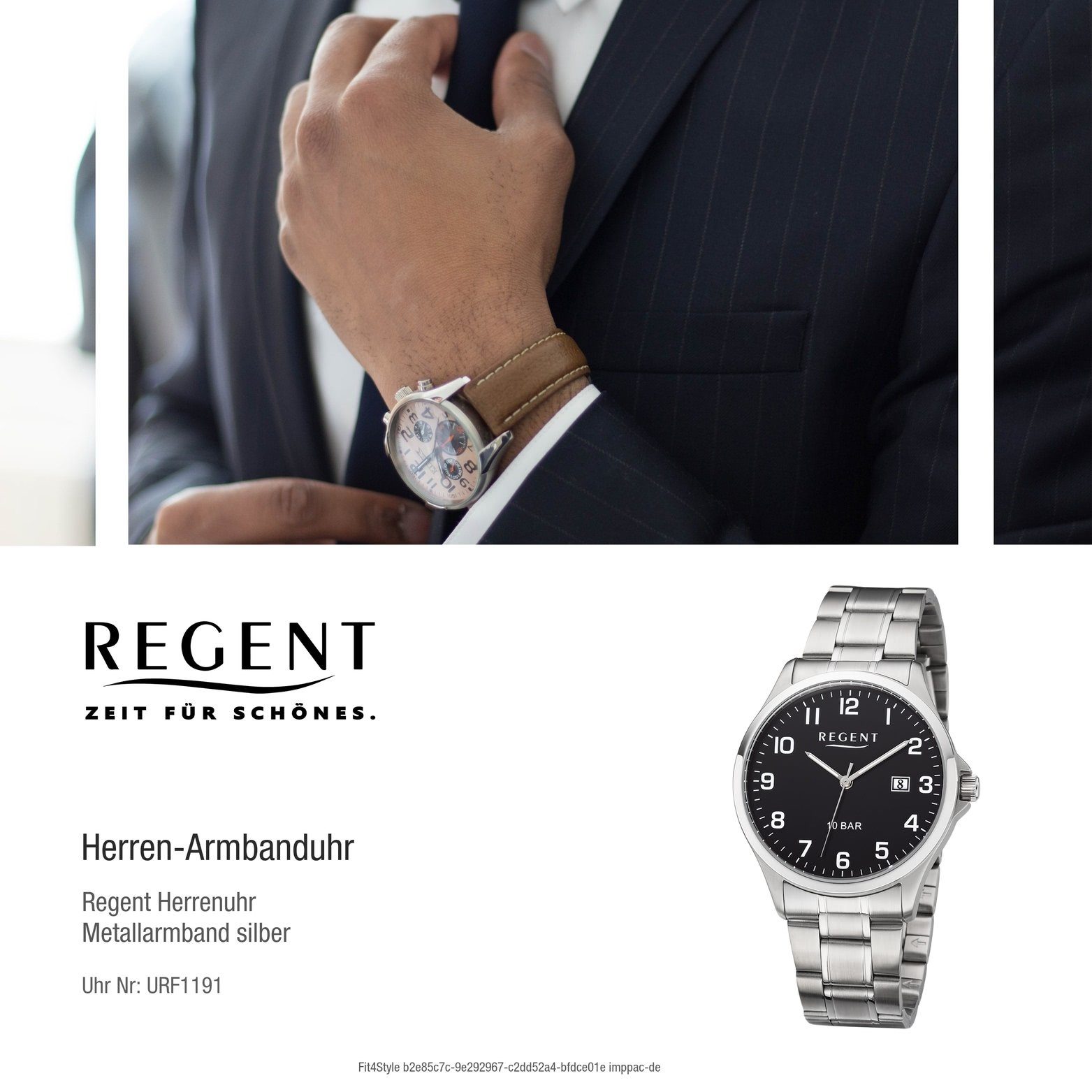 Regent Herren Analog, Gehäuse, Regent Metall Metallarmband F-1191 silber, Herrenuhr mittel (ca. 39mm) rundes Quarzuhr Uhr