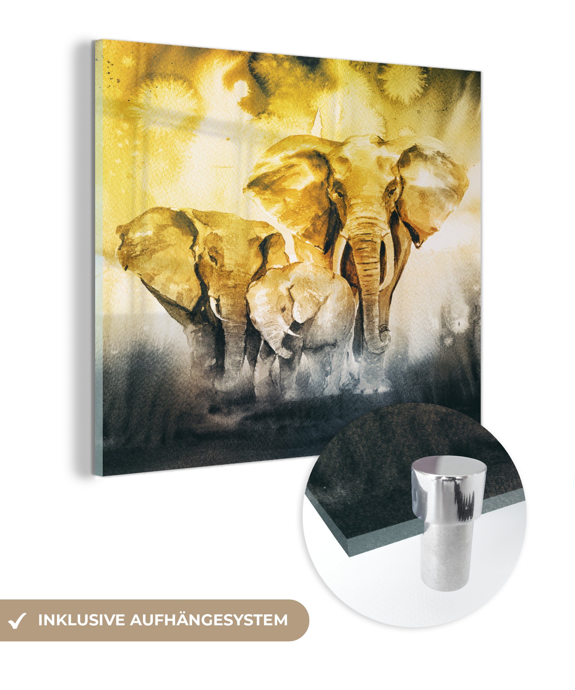 MuchoWow Acrylglasbild Elefant - Familie - Aquarell, (1 St), Glasbilder - Bilder auf Glas Wandbild - Foto auf Glas - Wanddekoration