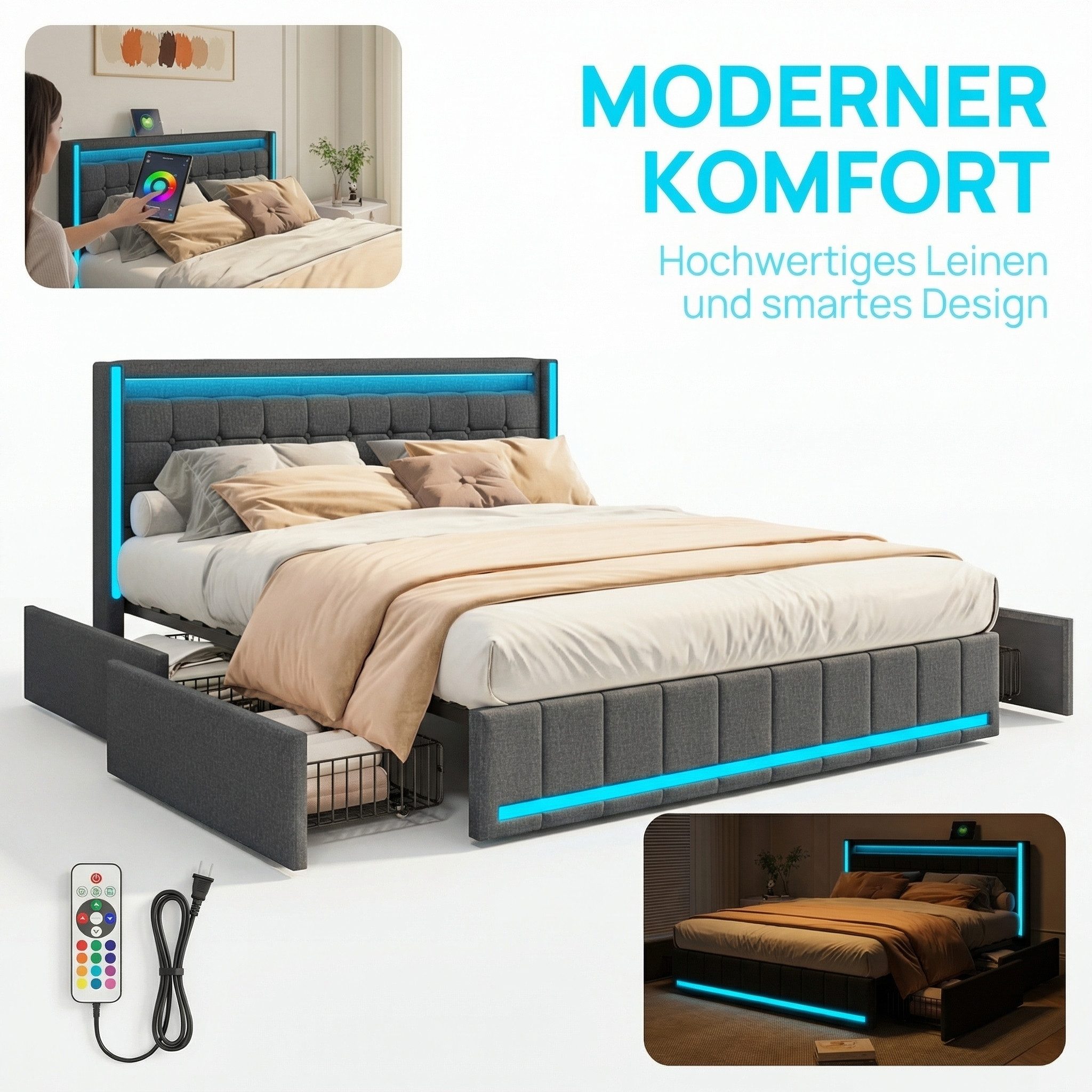 PXloue Polsterbett LED Doppelbett 140x200cm mit Ladefunktion und 4 Schubladen Polsterbett (Geeignet für Jugendliche und Erwachsene), Stauraumbett, mit RGB-LED, Lattenrost und praktischen Schubladen