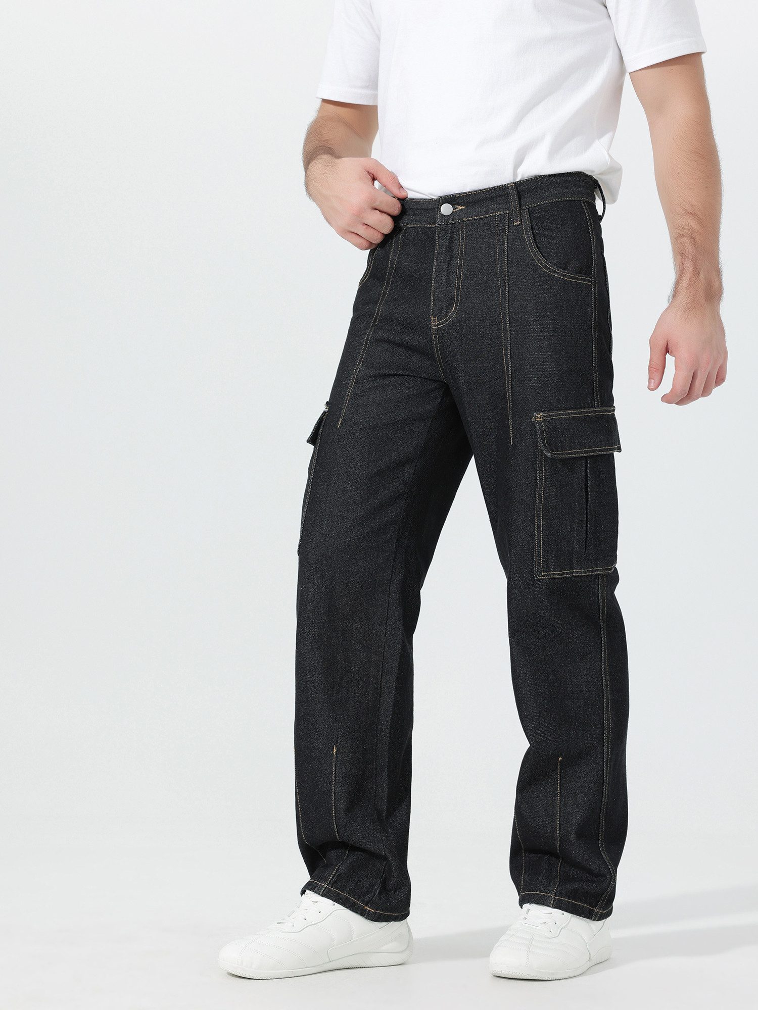 YOUTHUP Cargojeans Herren Einfarbige Freizeitjeans mit Mehrtaschen-Design Freizeithose – Bild 4 von 5