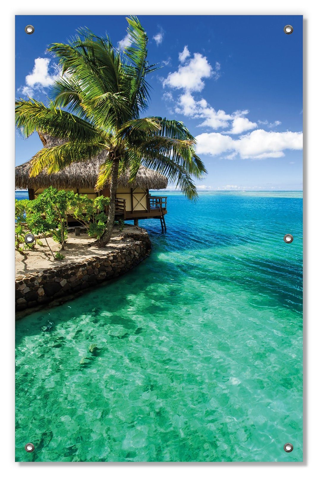 Sonnenschutz Karibisches Meer  Einsame Hütte unter Palmen, Wallario, blickdicht, mit Saugnäpfen, wiederablösbar und wiederverwendbar