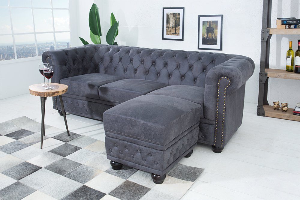 · Federkern 200cm · Sofa 1 Wohnzimmer CHESTERFIELD 3-Sitzer Microfaser riess-ambiente grau, Teile, antik · Einzelartikel