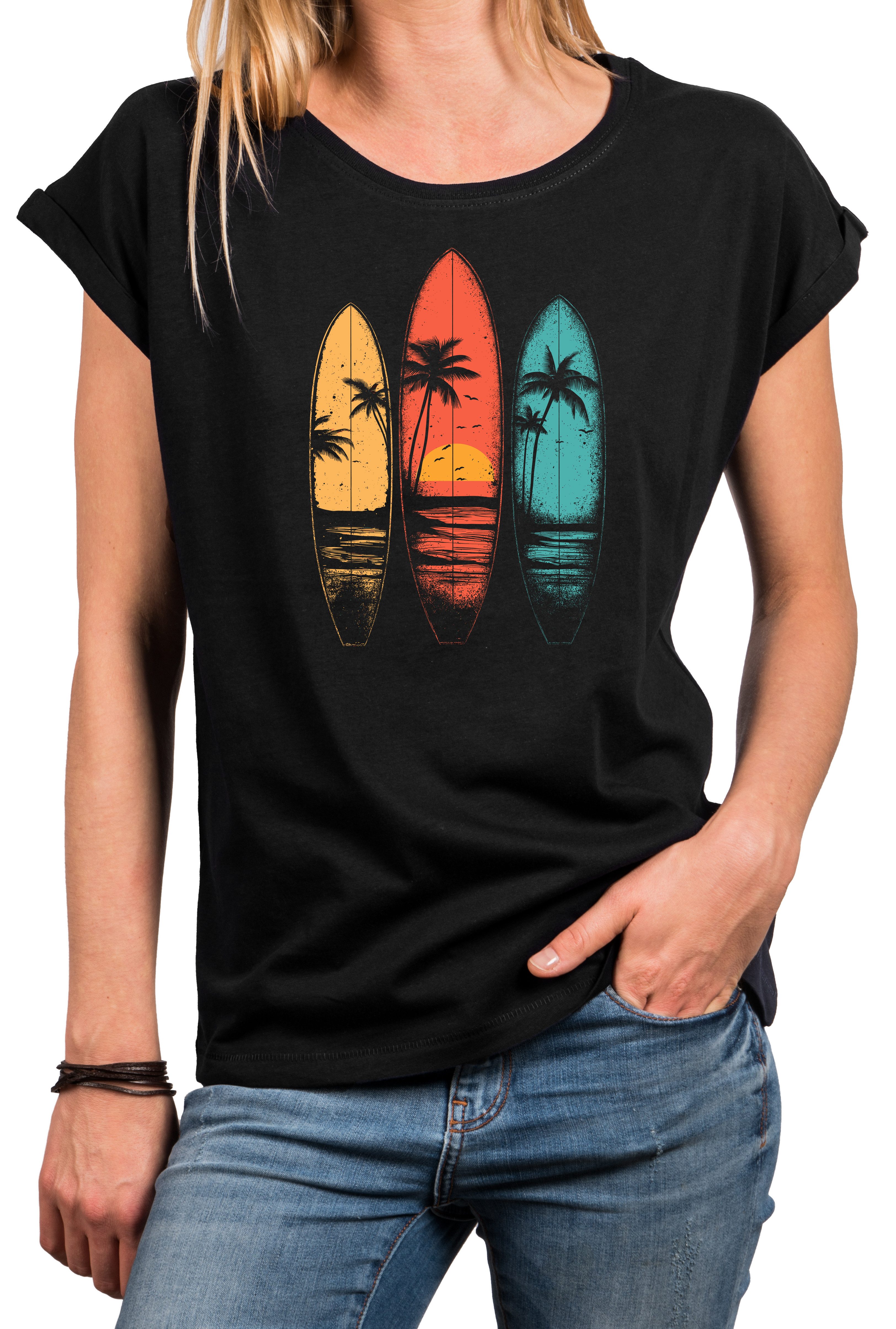 MAKAYA T-Shirt Vintage Damen T-Shirt mit Surfbrett-Print, Retro Surf-Motiv (Schwarz, Blau, Dunkelgrau, 34, 36, 38, 40, 42, 44, 46, 48, 50) Baumwolle