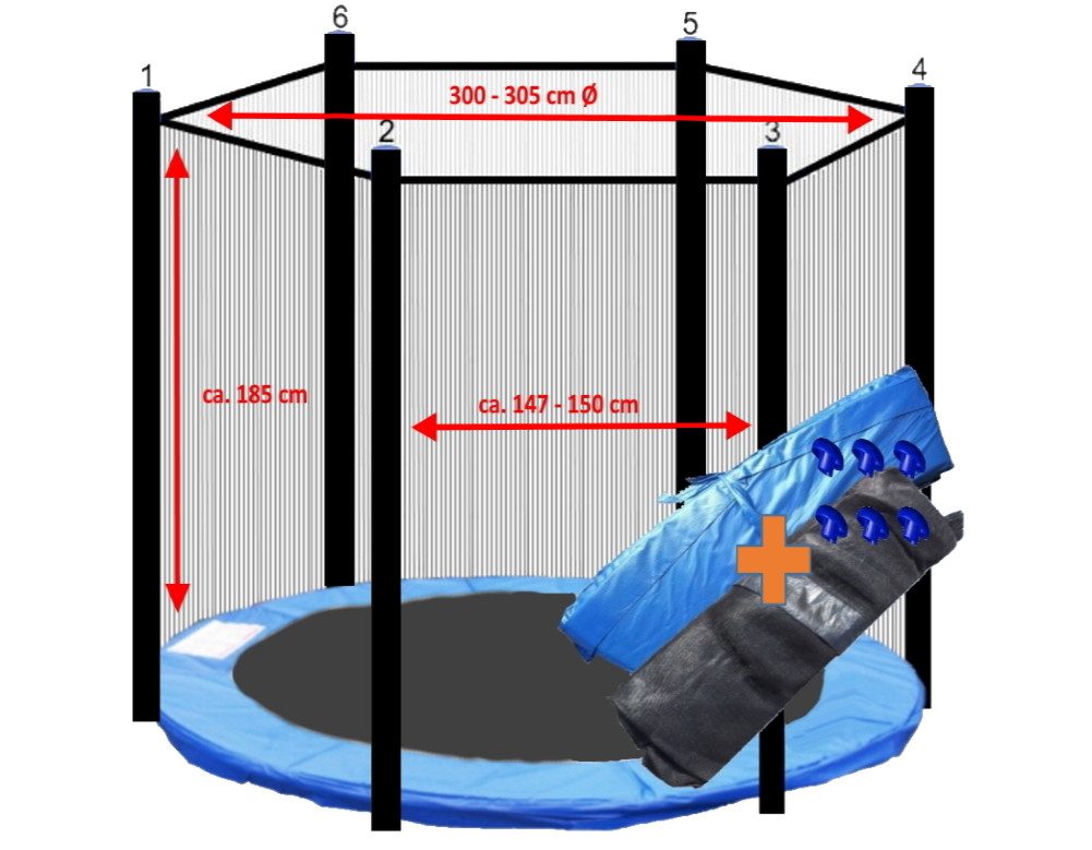 walexo Gartentrampolin Trampolin Randabdeckung mit Sicherheitsnetz für 6 Stangen, Ø 305 cm